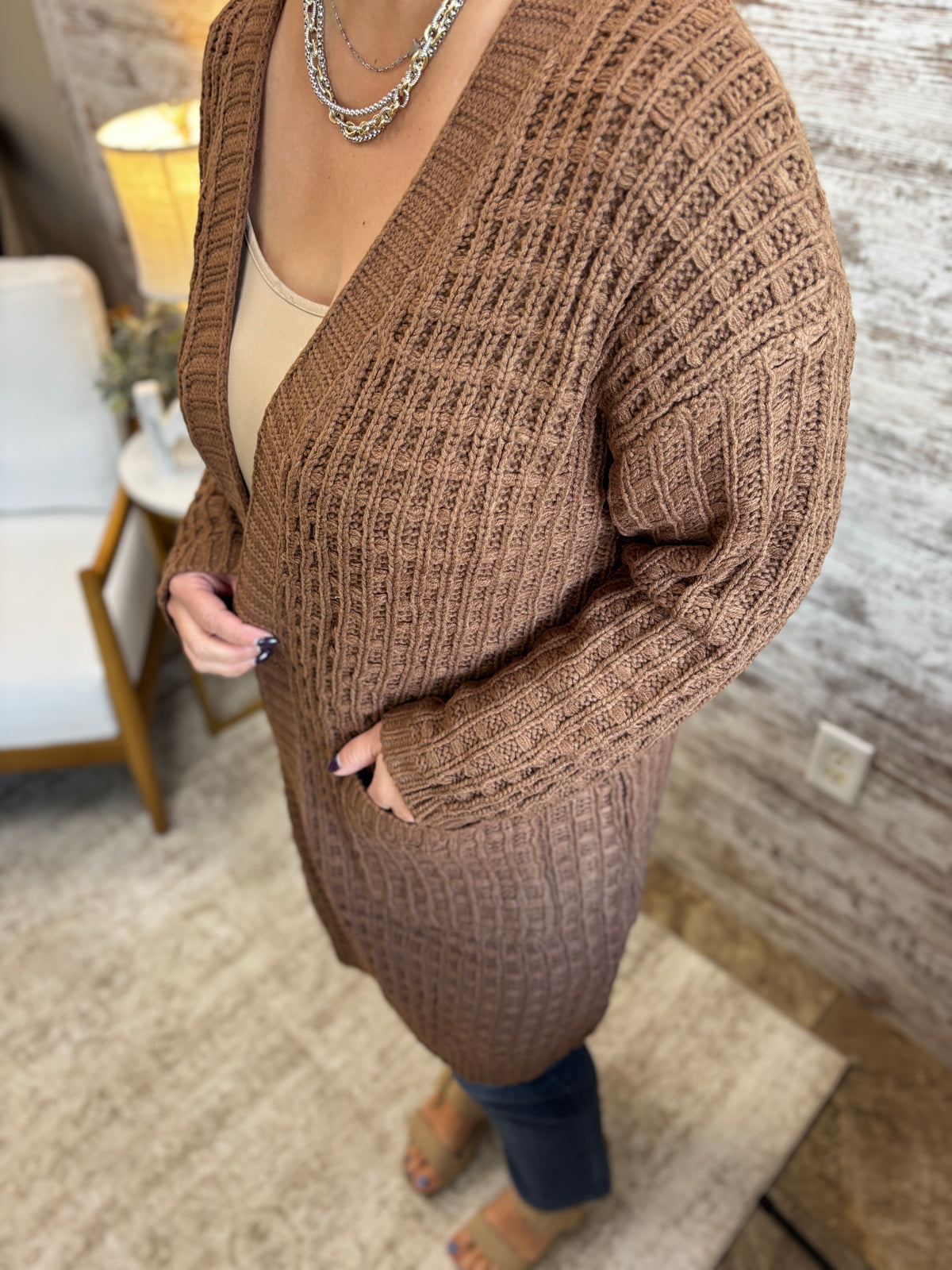 Brown Waffle Knit Open Front Long Cardigan