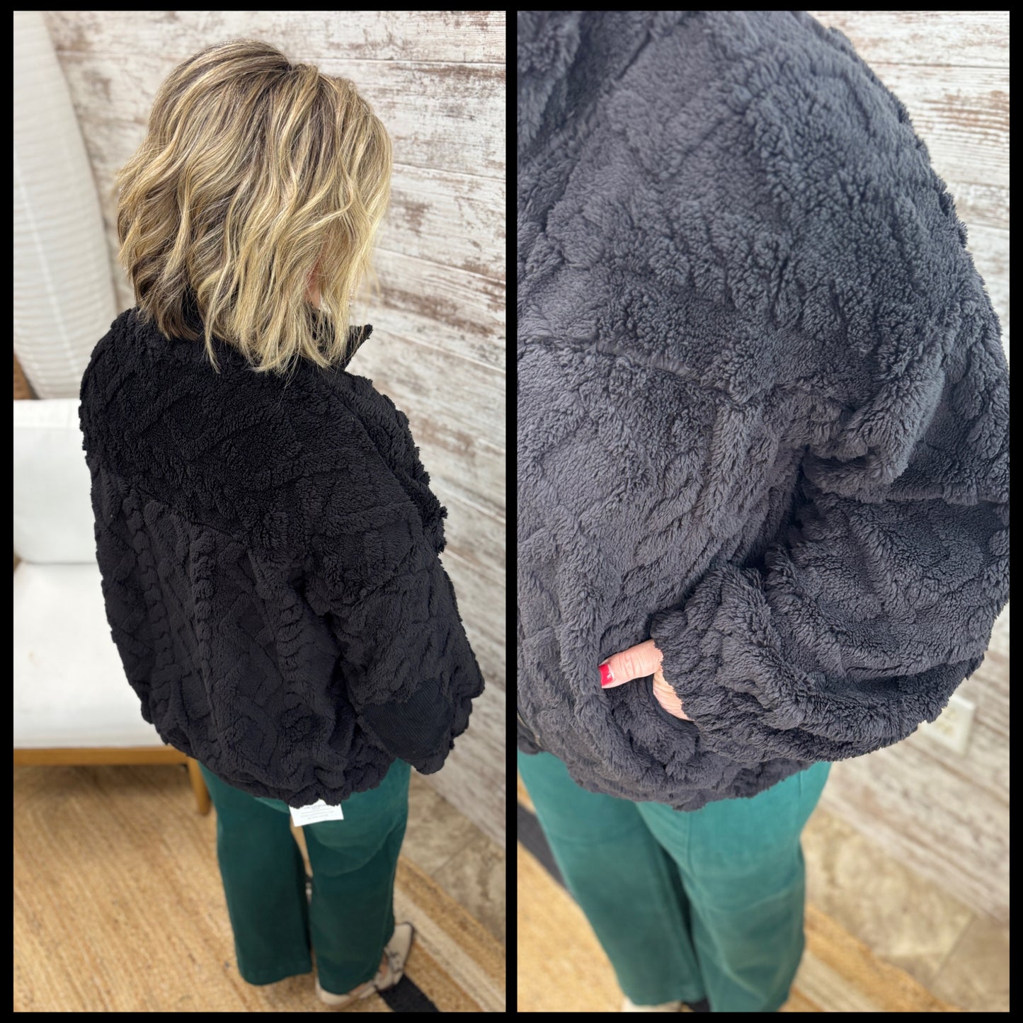Black Fuzzy Cable Knit Zip Up Jacket
