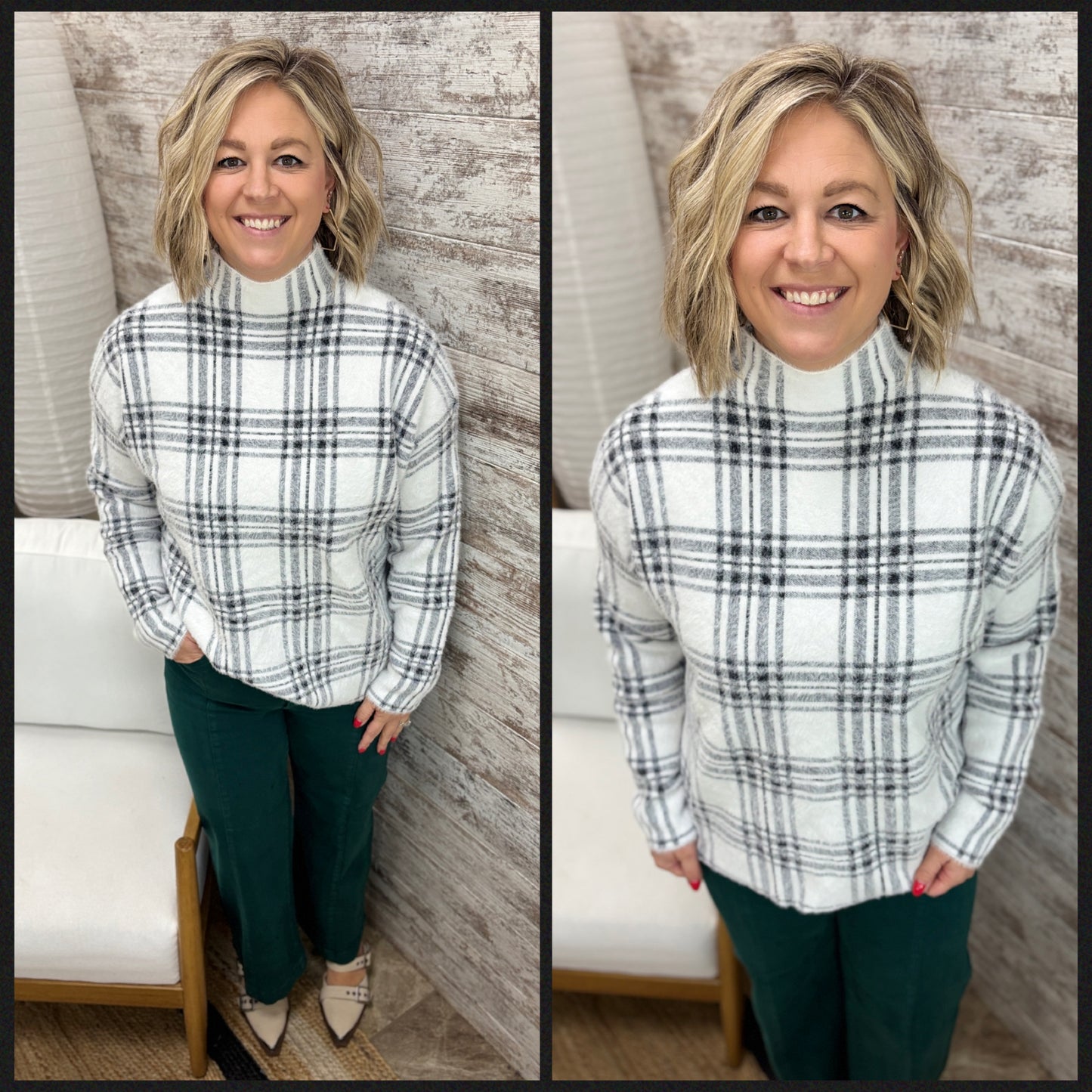 Off White Mock Neck Plaid Sweater