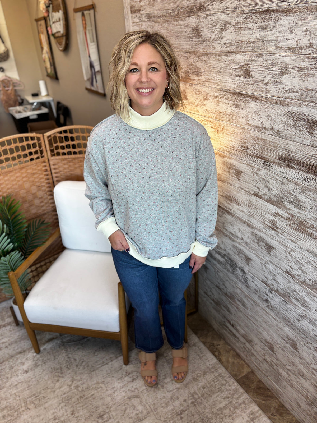Grey Ditsy Floral Mock Neck Drop Shoulder Pullover