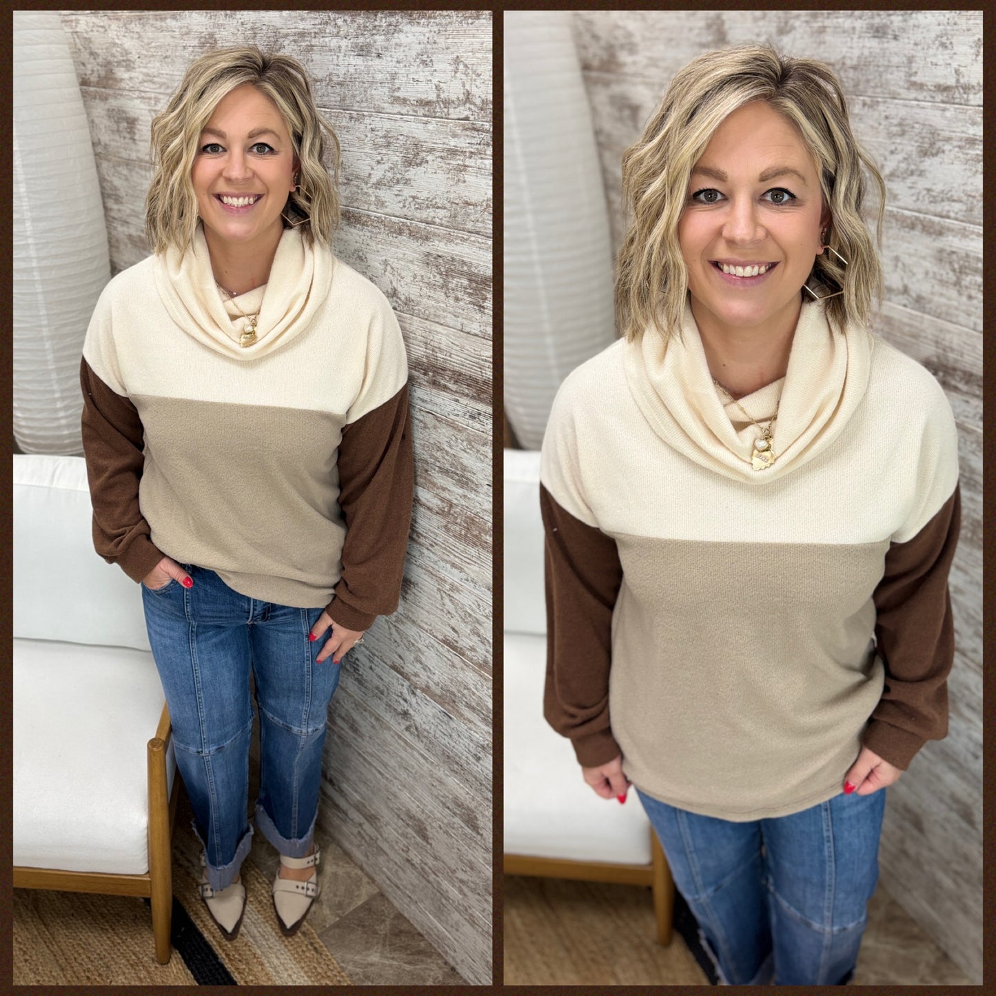 Ivory/Taupe/Chocolate Cowl Neck Sweater