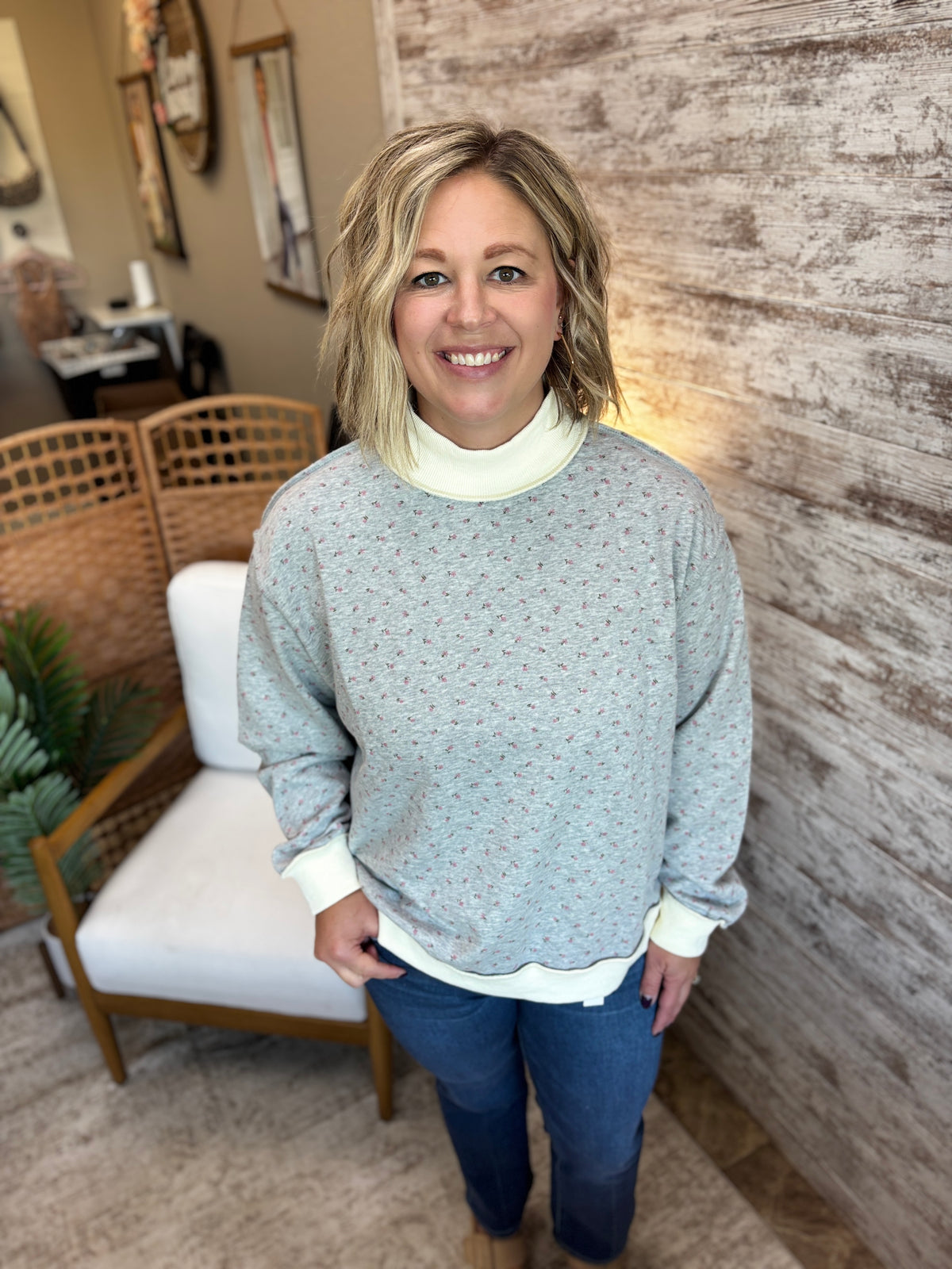 Grey Ditsy Floral Mock Neck Drop Shoulder Pullover