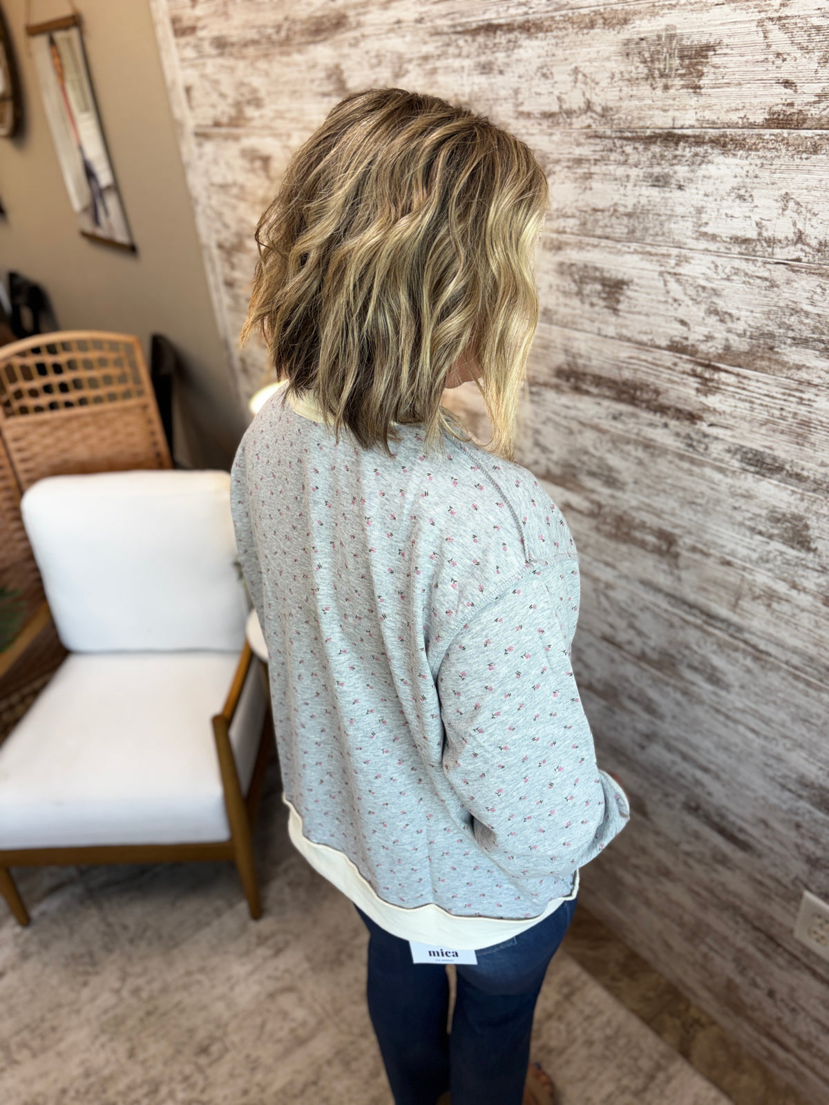 Grey Ditsy Floral Mock Neck Drop Shoulder Pullover