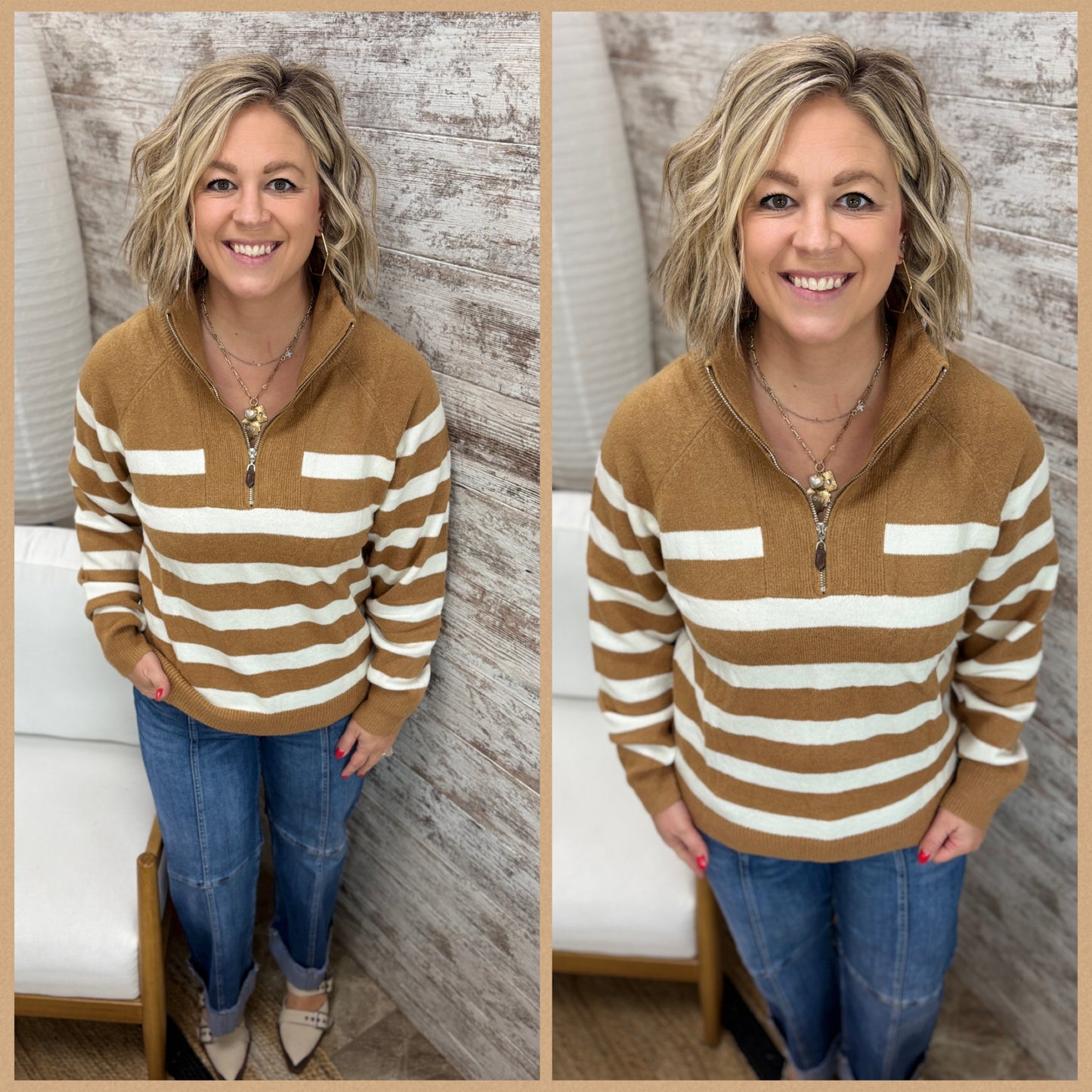 Latte Stripe Half Zip Sweater