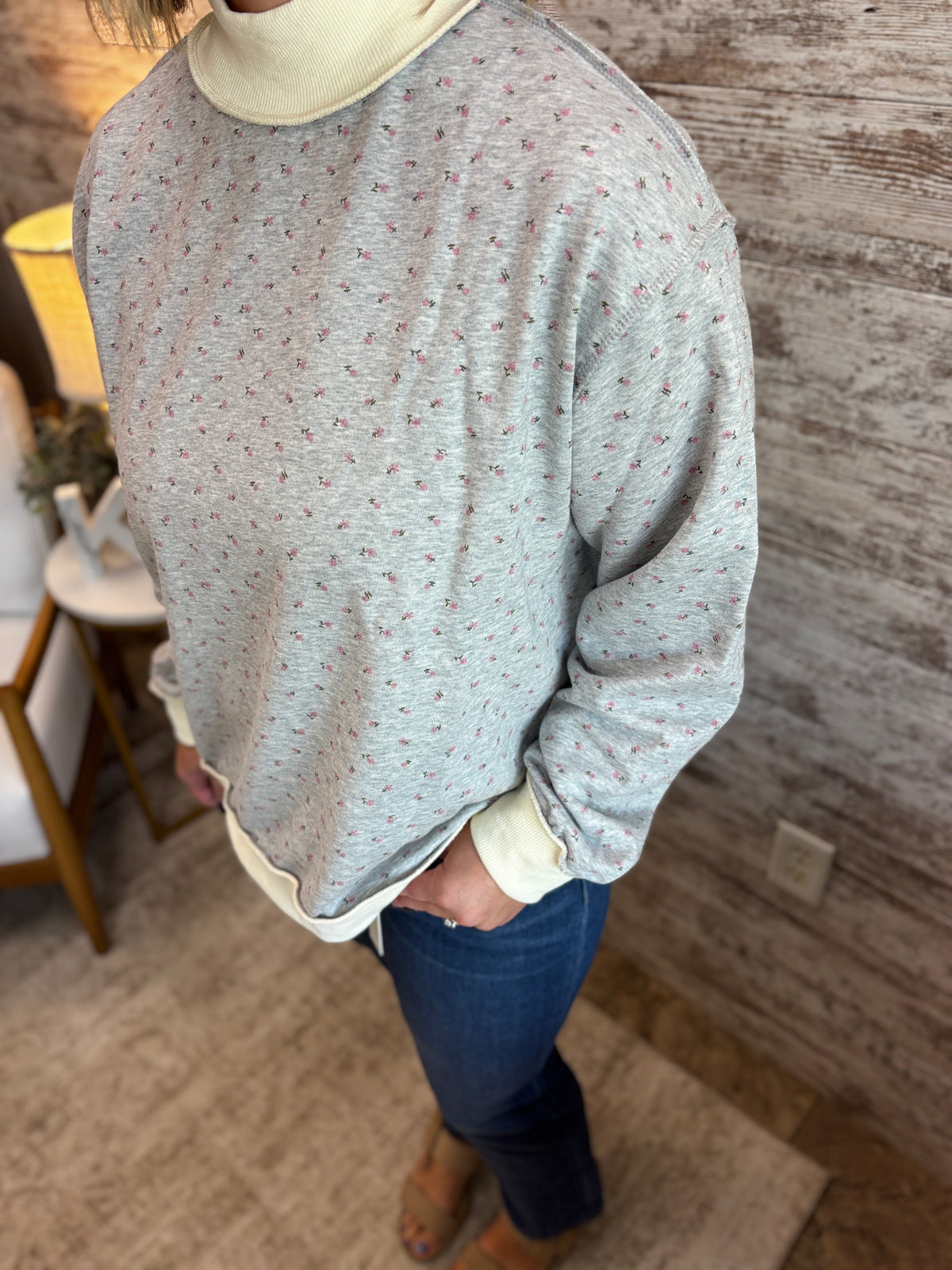 Grey Ditsy Floral Mock Neck Drop Shoulder Pullover