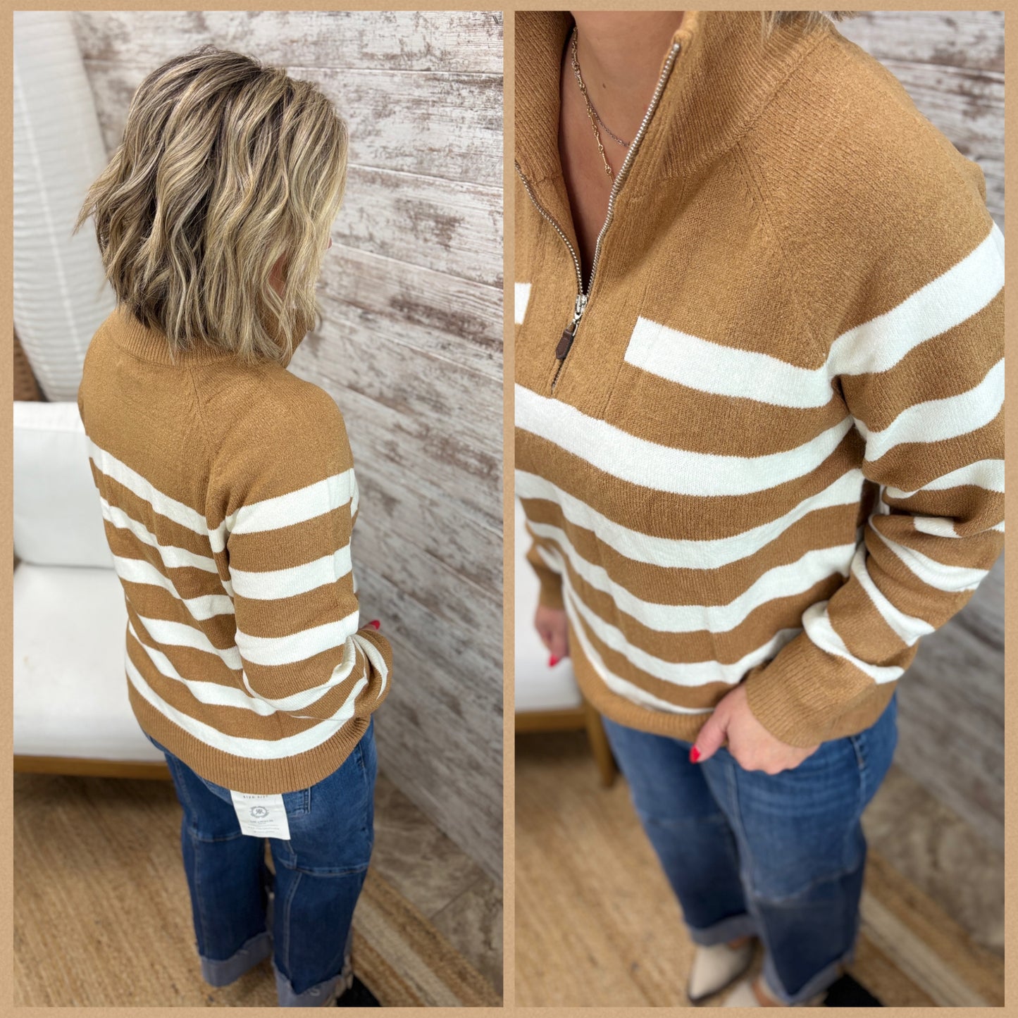 Latte Stripe Half Zip Sweater