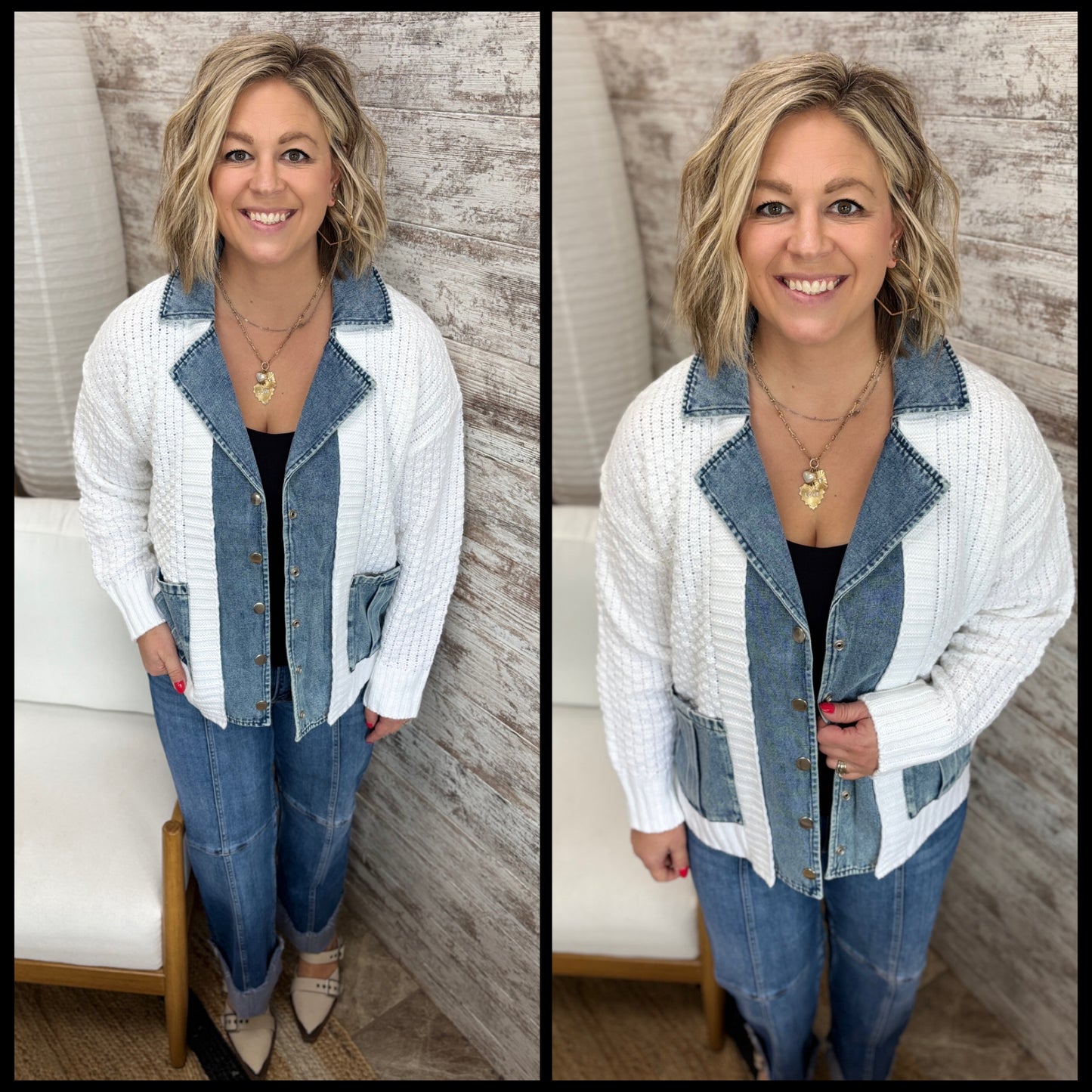 Denim and White Contrast Sweater Cardigan