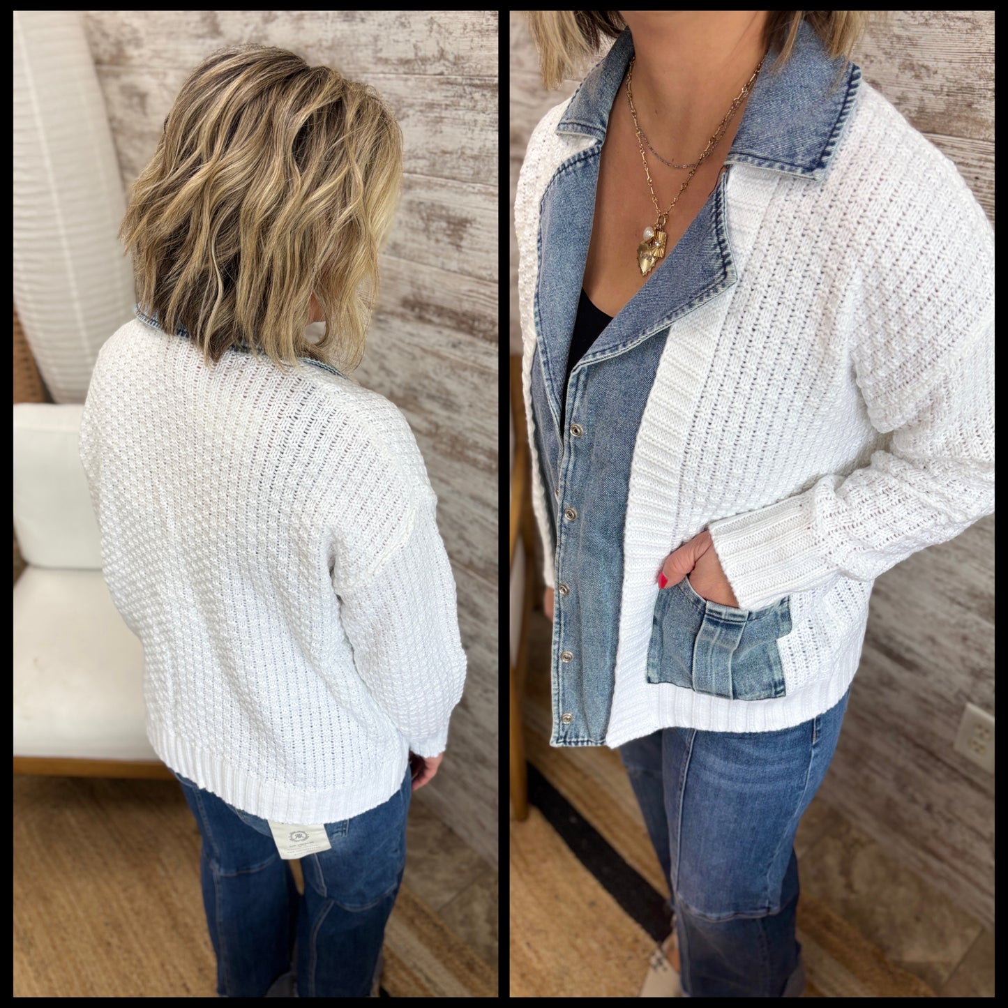 Denim and White Contrast Sweater Cardigan