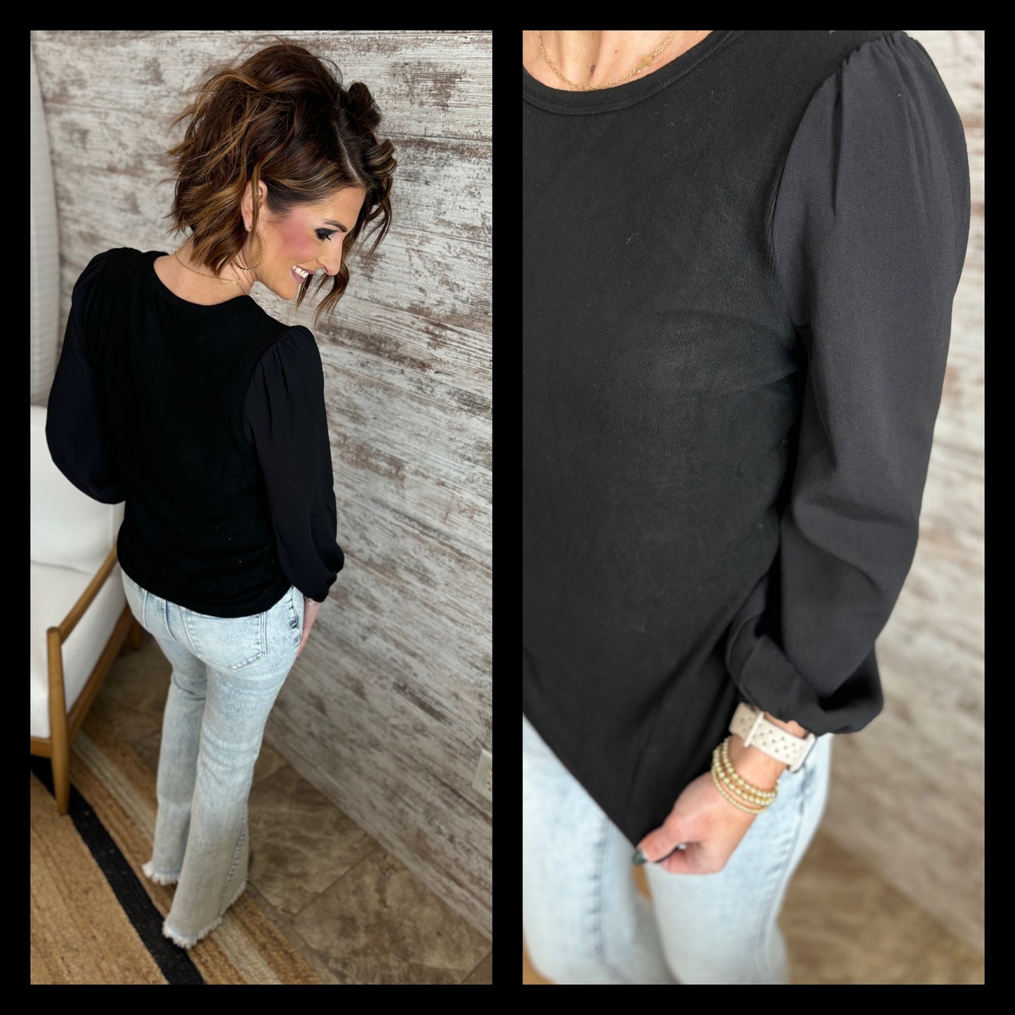 WOVEN PUFF SLEEVE KNIT TOP~2 Colors