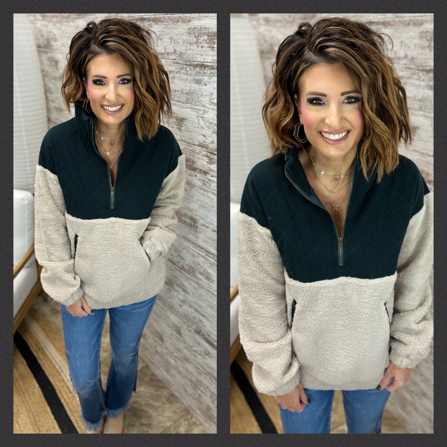 Forest Green/Taupe Half Zip Fuzzy Pullover