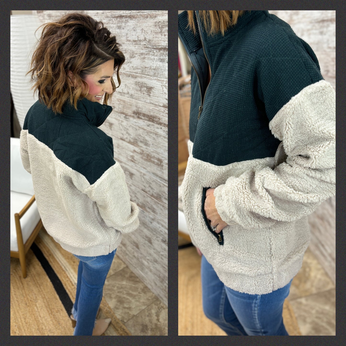 Forest Green/Taupe Half Zip Fuzzy Pullover