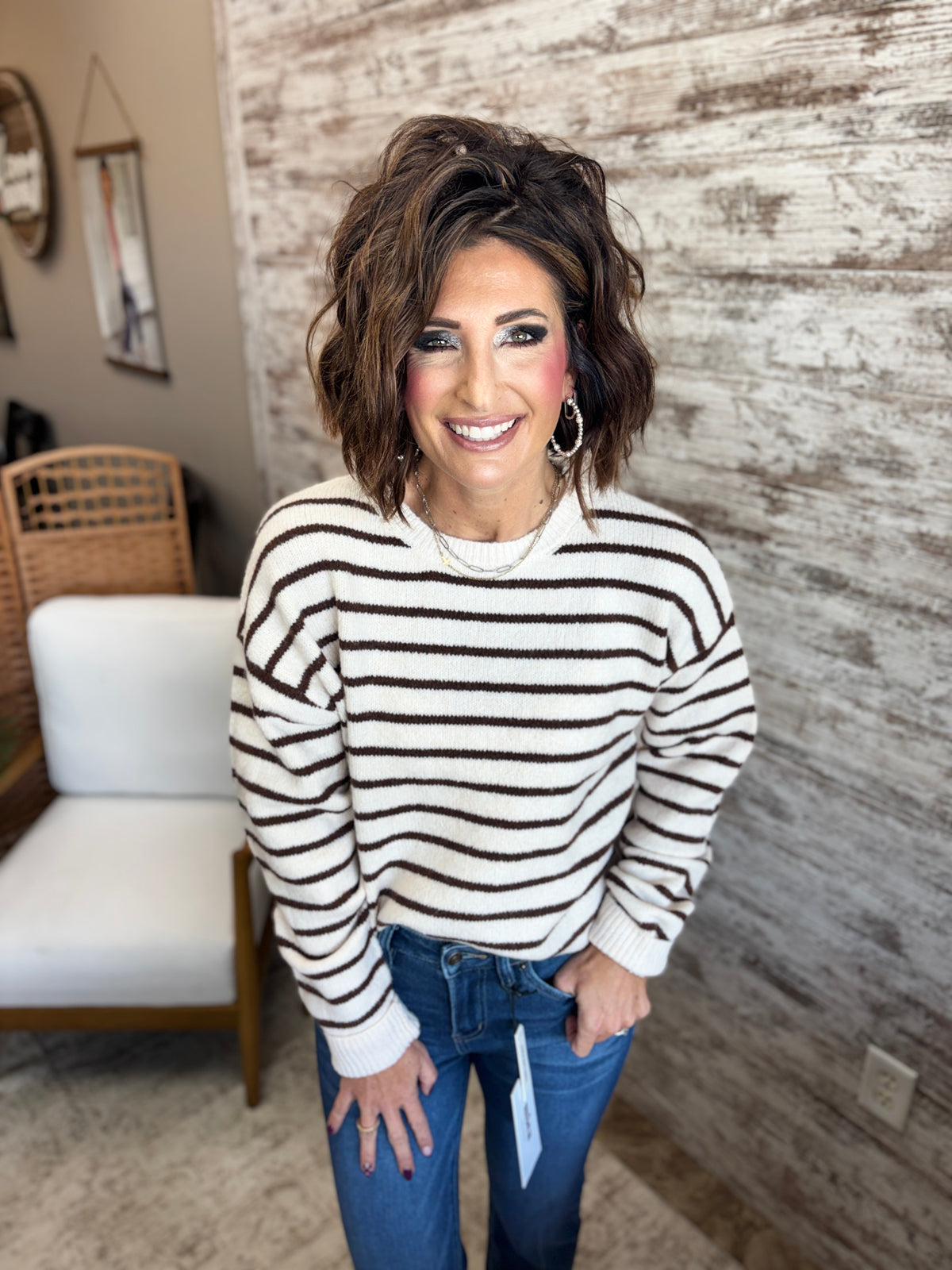 Brown Striped Crewneck Sweater