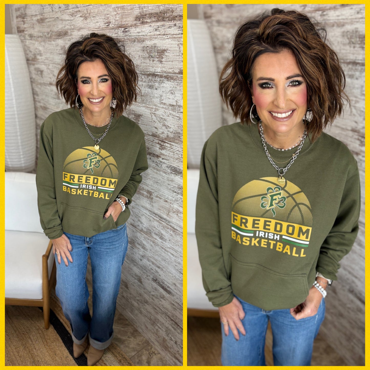 Freedom Irish Basketball Port & Company Olive Green Kangaroo Pocket Crew