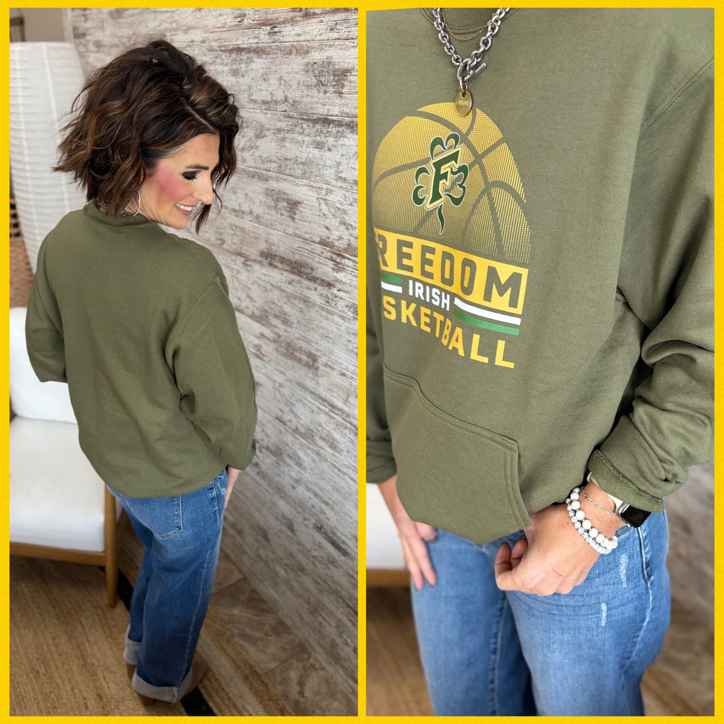 Freedom Irish Basketball Port & Company Olive Green Kangaroo Pocket Crew
