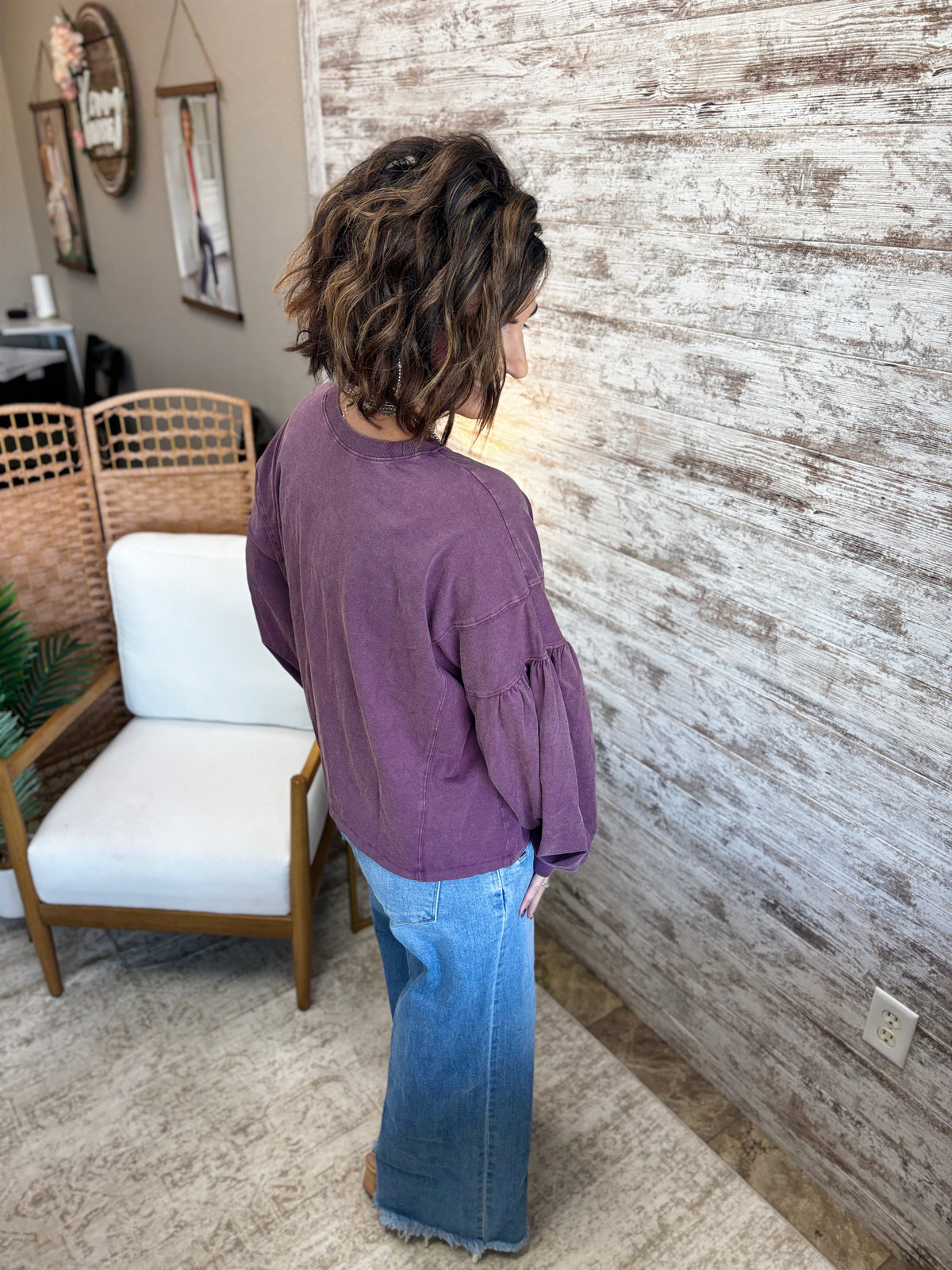 Dark Cherry Relaxed Puff Sleeve Top