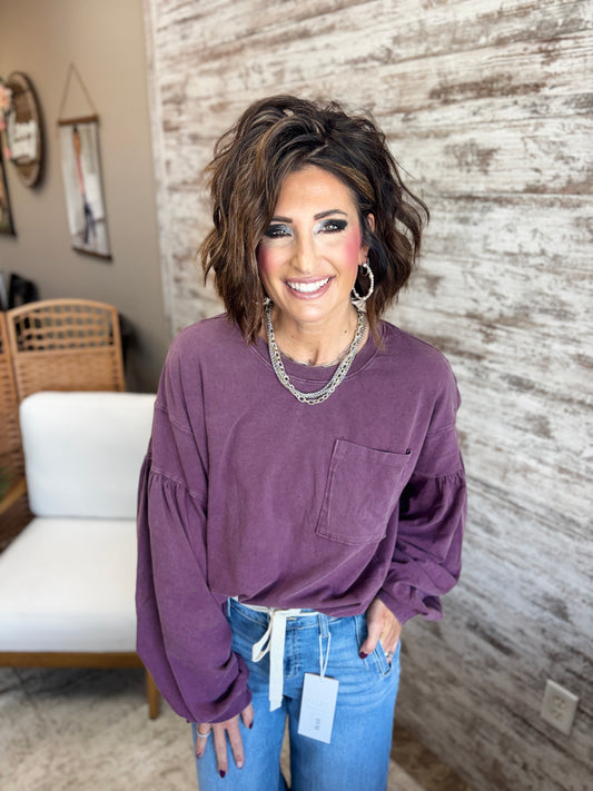 Dark Cherry Relaxed Puff Sleeve Top