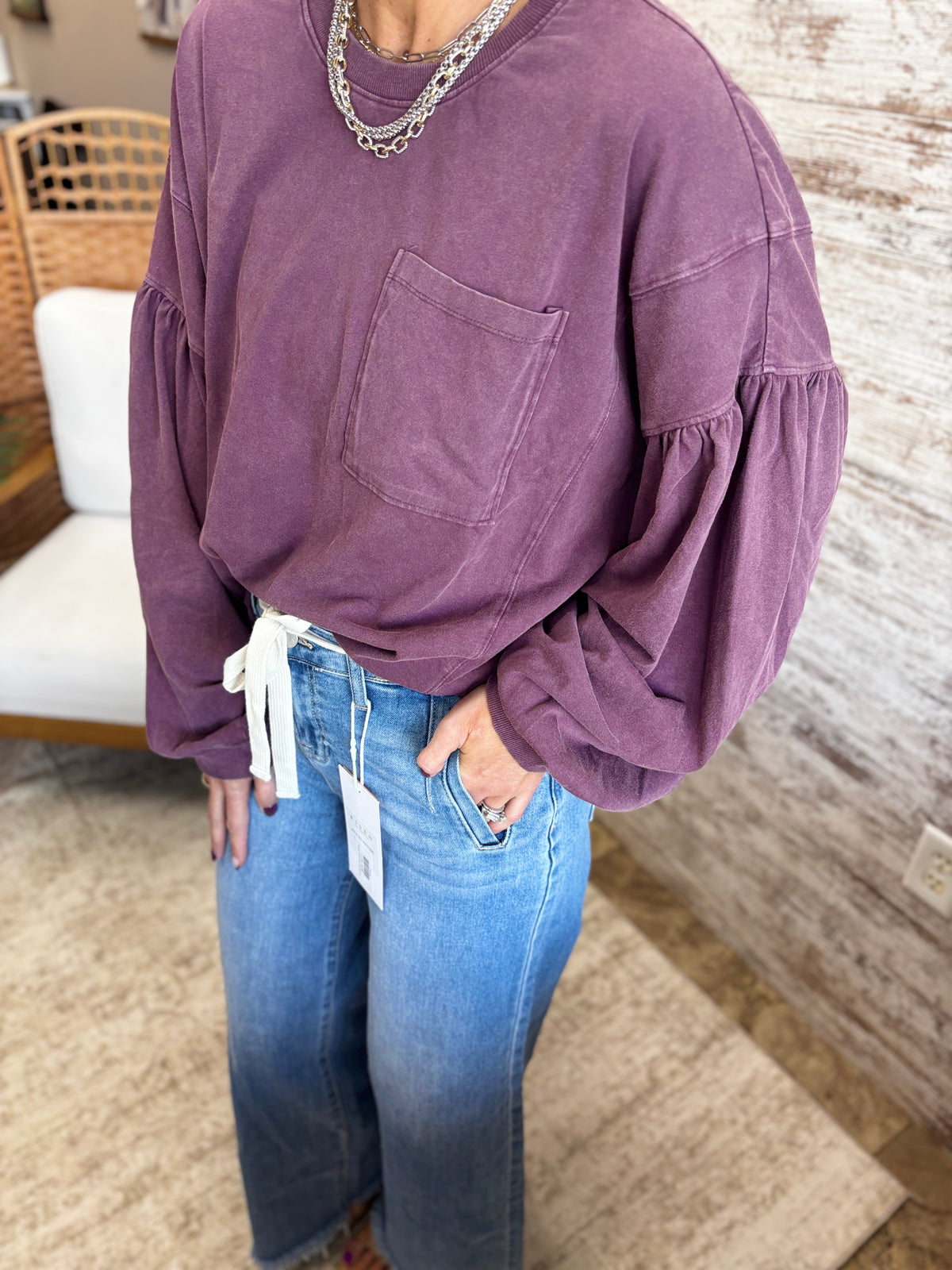 Dark Cherry Relaxed Puff Sleeve Top
