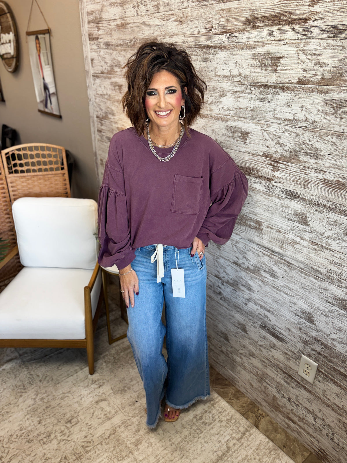 Dark Cherry Relaxed Puff Sleeve Top