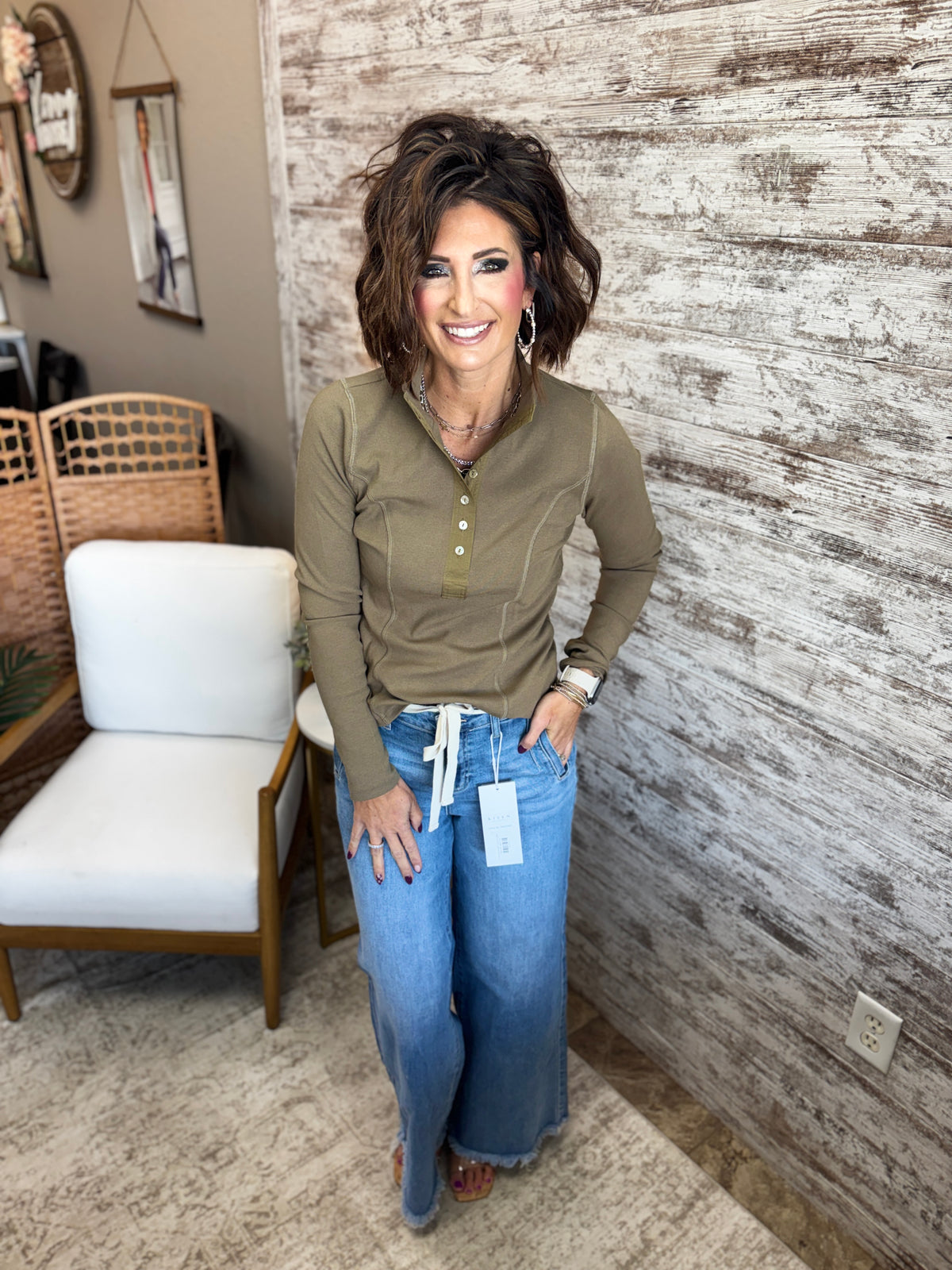 Light Olive Mock Half Button Fitted Rib Top