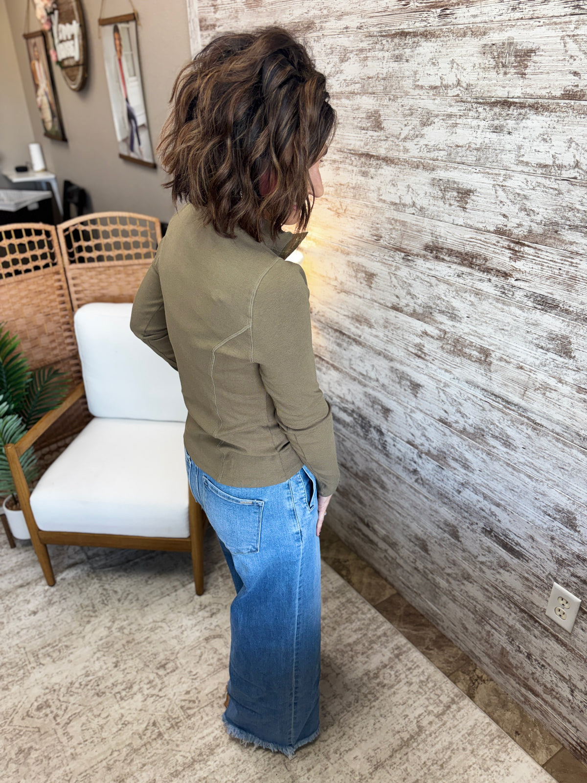 Light Olive Mock Half Button Fitted Rib Top