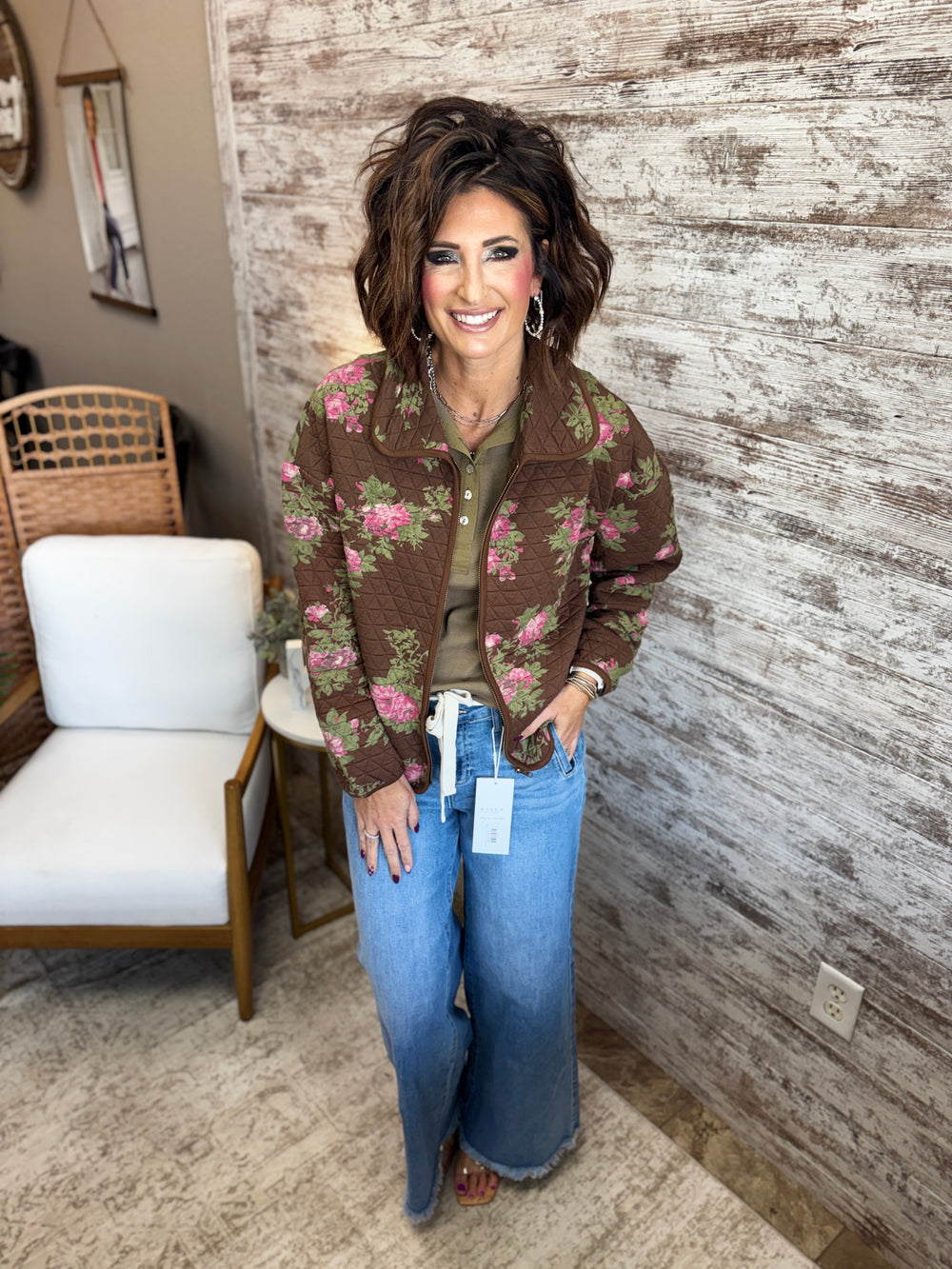Brown Floral Print Quilted Zip-Up Jacket
