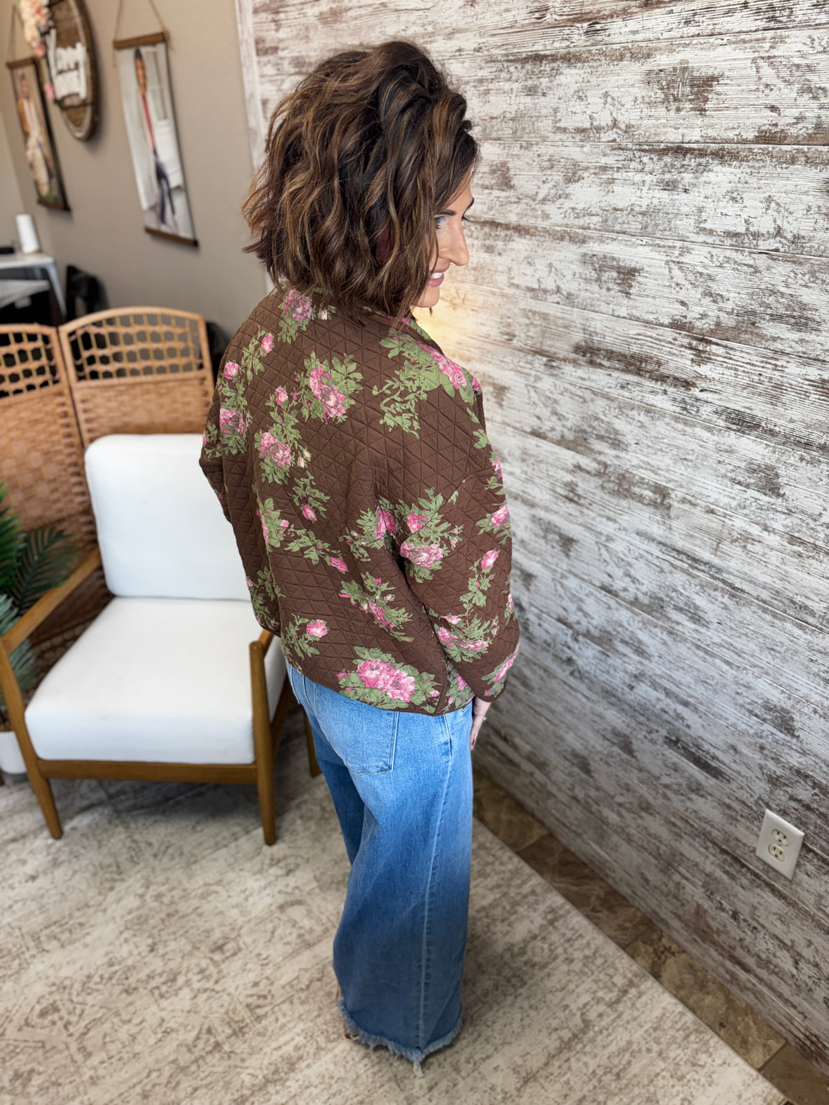 Brown Floral Print Quilted Zip-Up Jacket