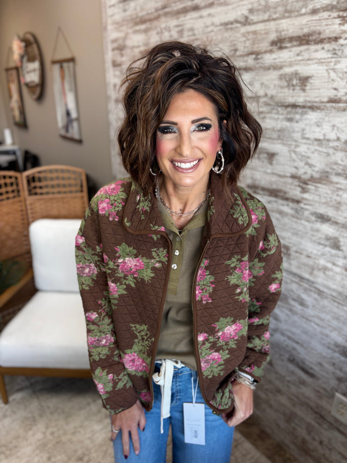 Brown Floral Print Quilted Zip-Up Jacket