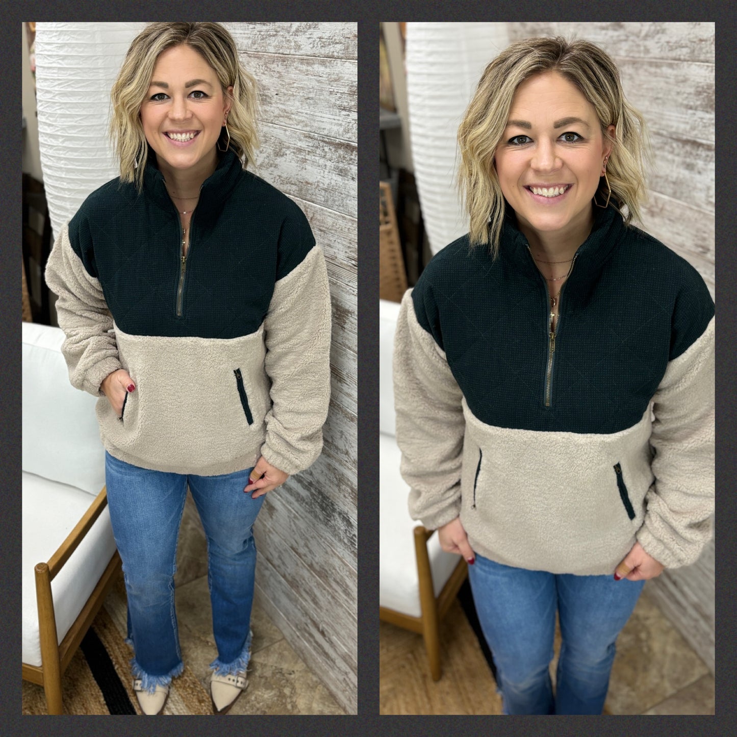 Forest Green/Taupe Half Zip Fuzzy Pullover