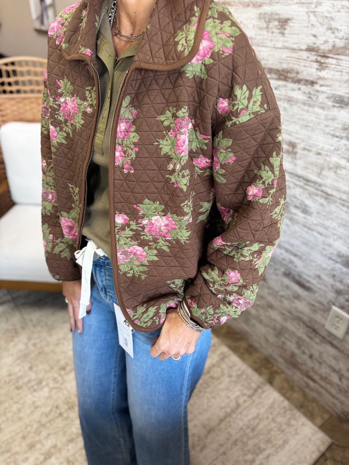 Brown Floral Print Quilted Zip-Up Jacket
