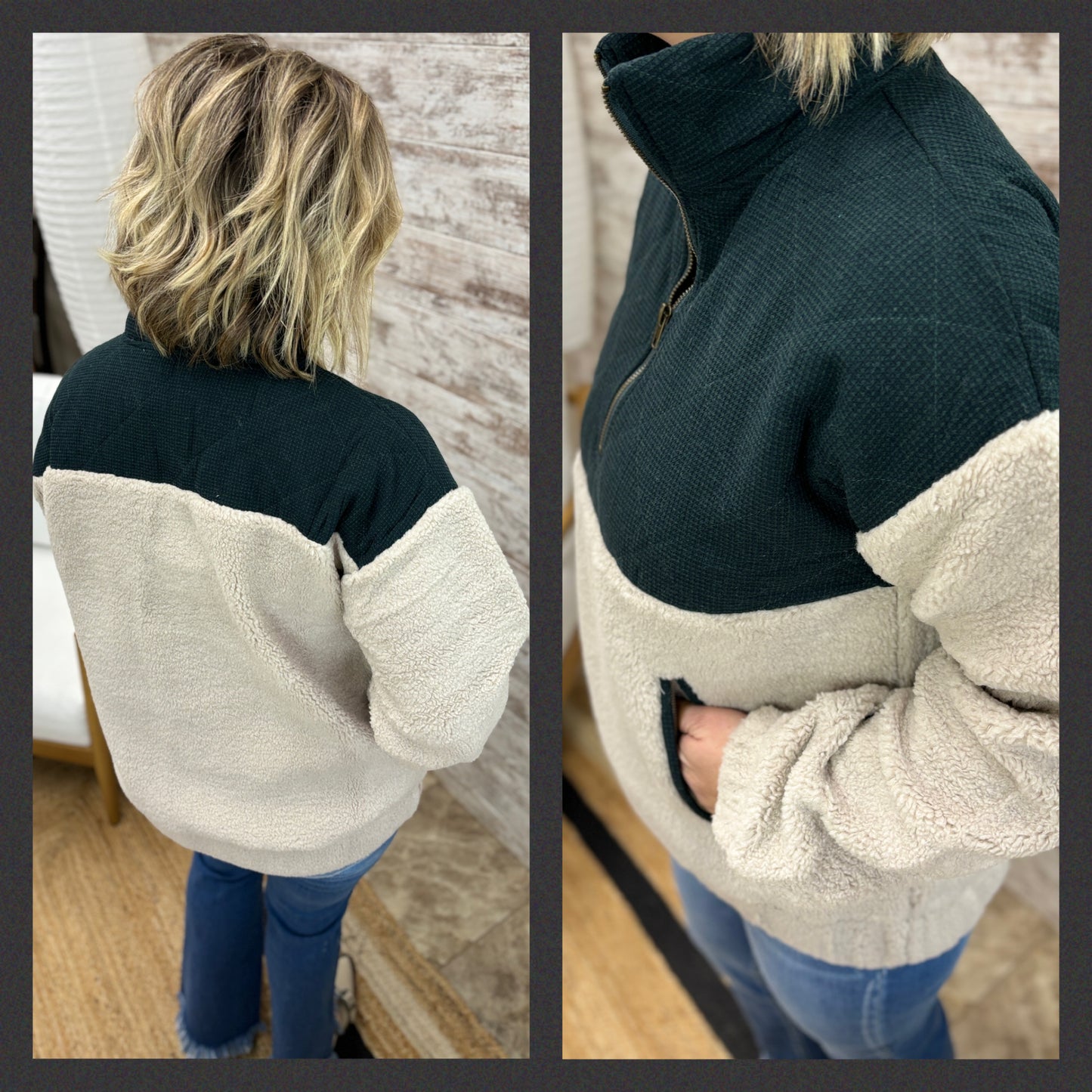 Forest Green/Taupe Half Zip Fuzzy Pullover