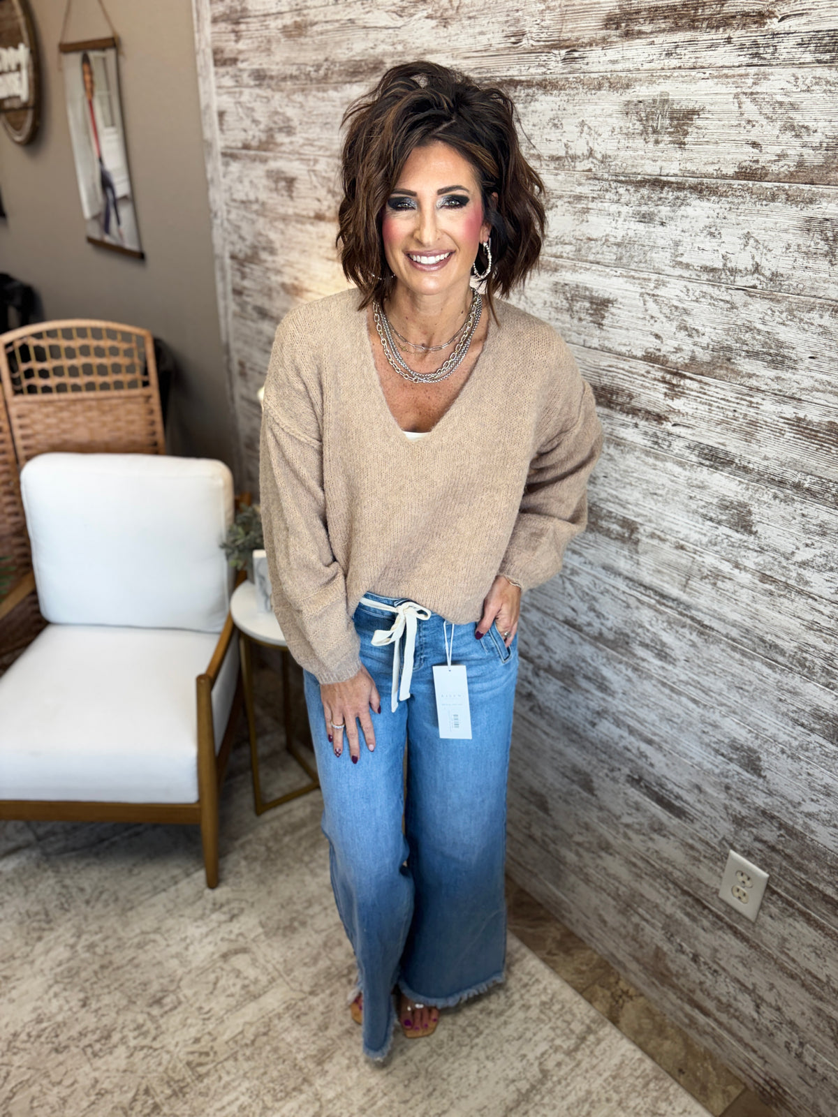 Oat rushed V-Neck Sweater with Rolled Cuffs