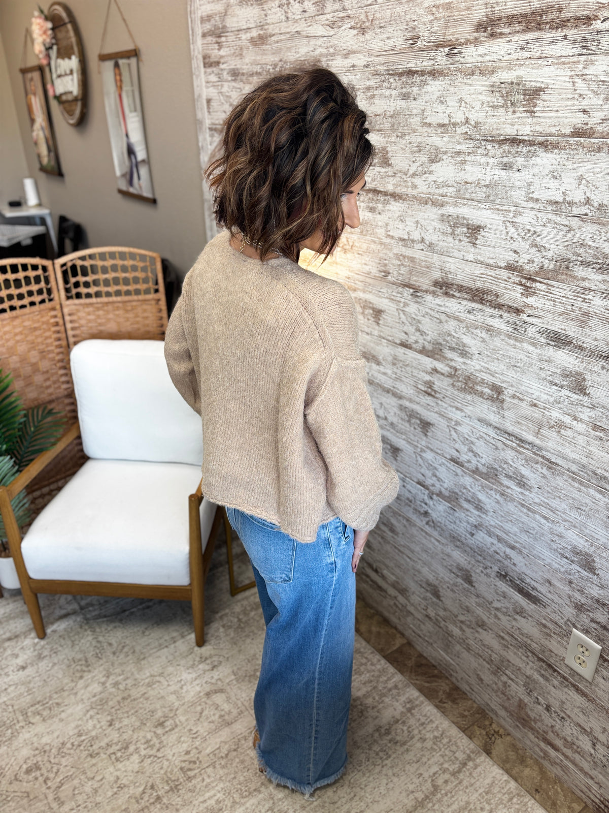 Oat rushed V-Neck Sweater with Rolled Cuffs