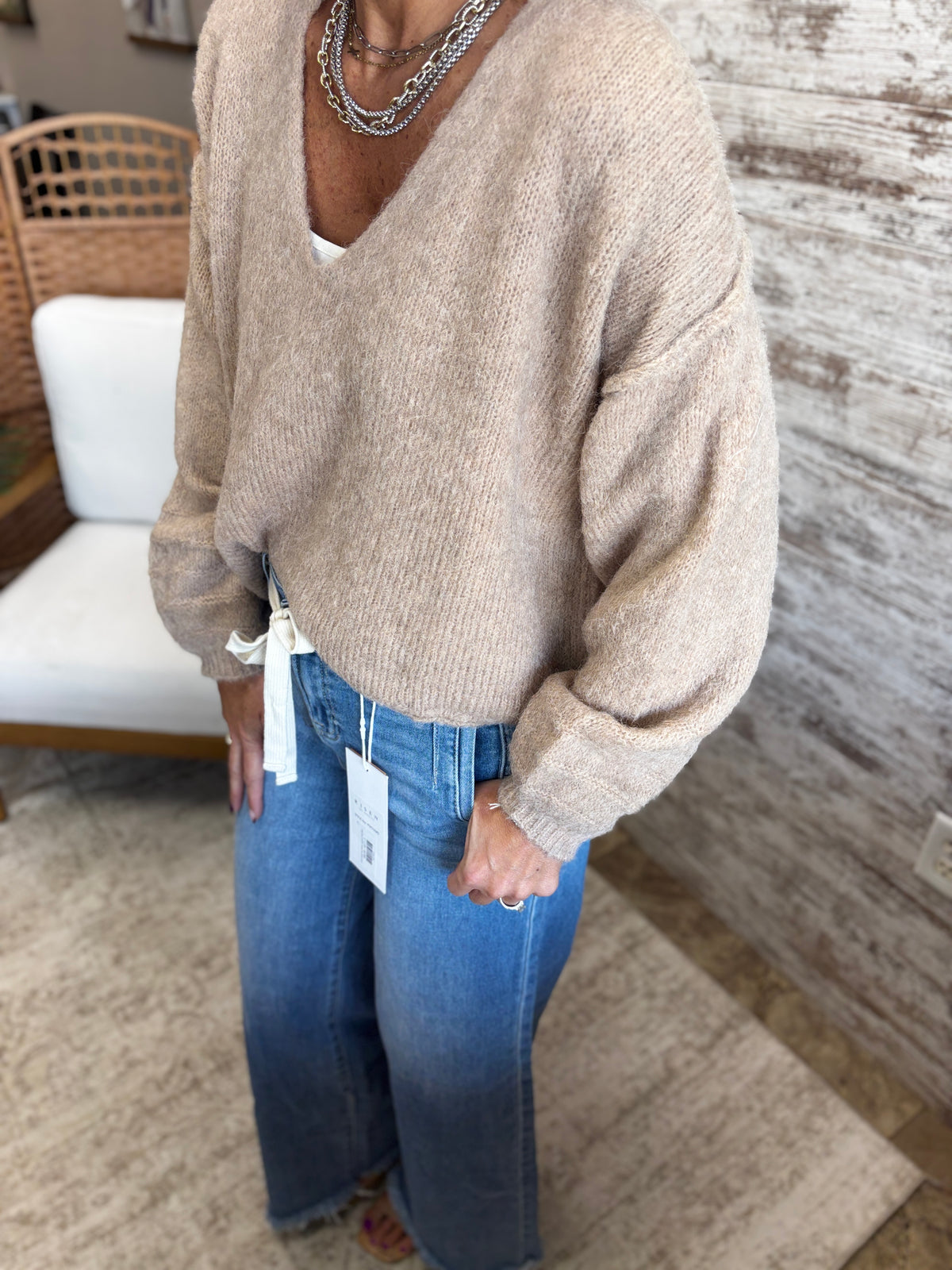 Oat rushed V-Neck Sweater with Rolled Cuffs