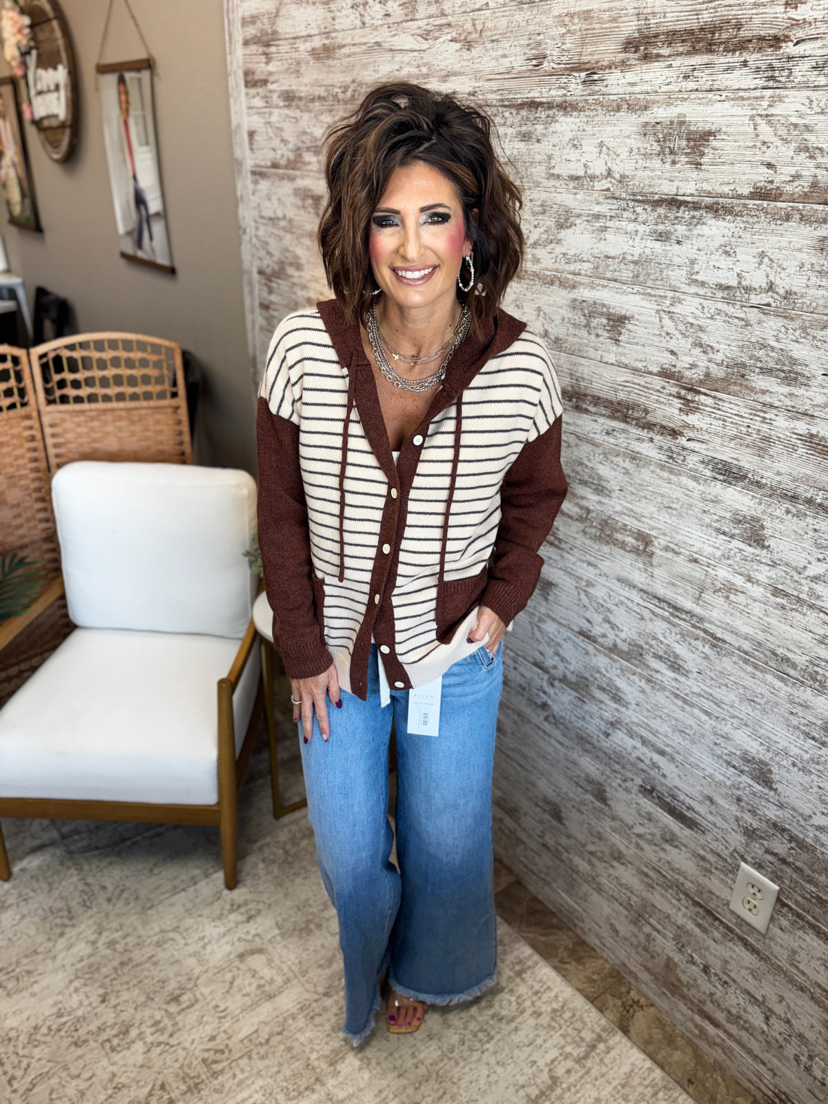 Oatmeal Color Blocked Button Down Hoodie Cardigan