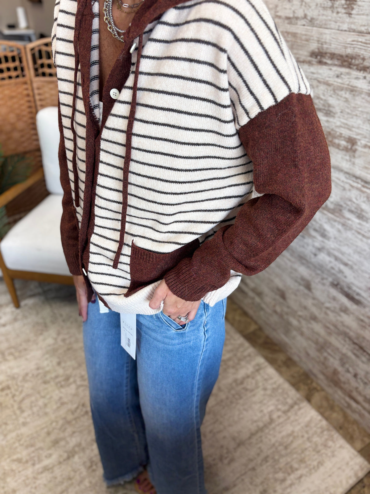 Oatmeal Color Blocked Button Down Hoodie Cardigan