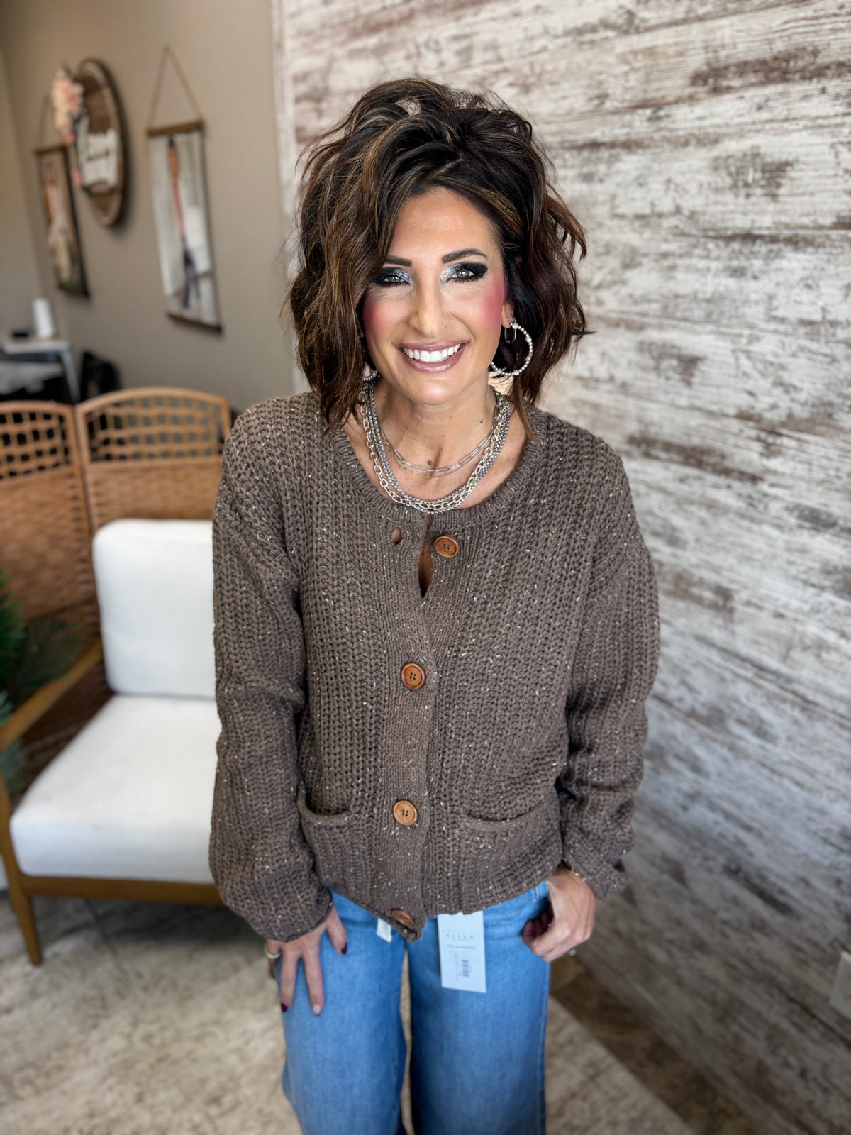 Brown Button Down Chunky Knit Cardigan