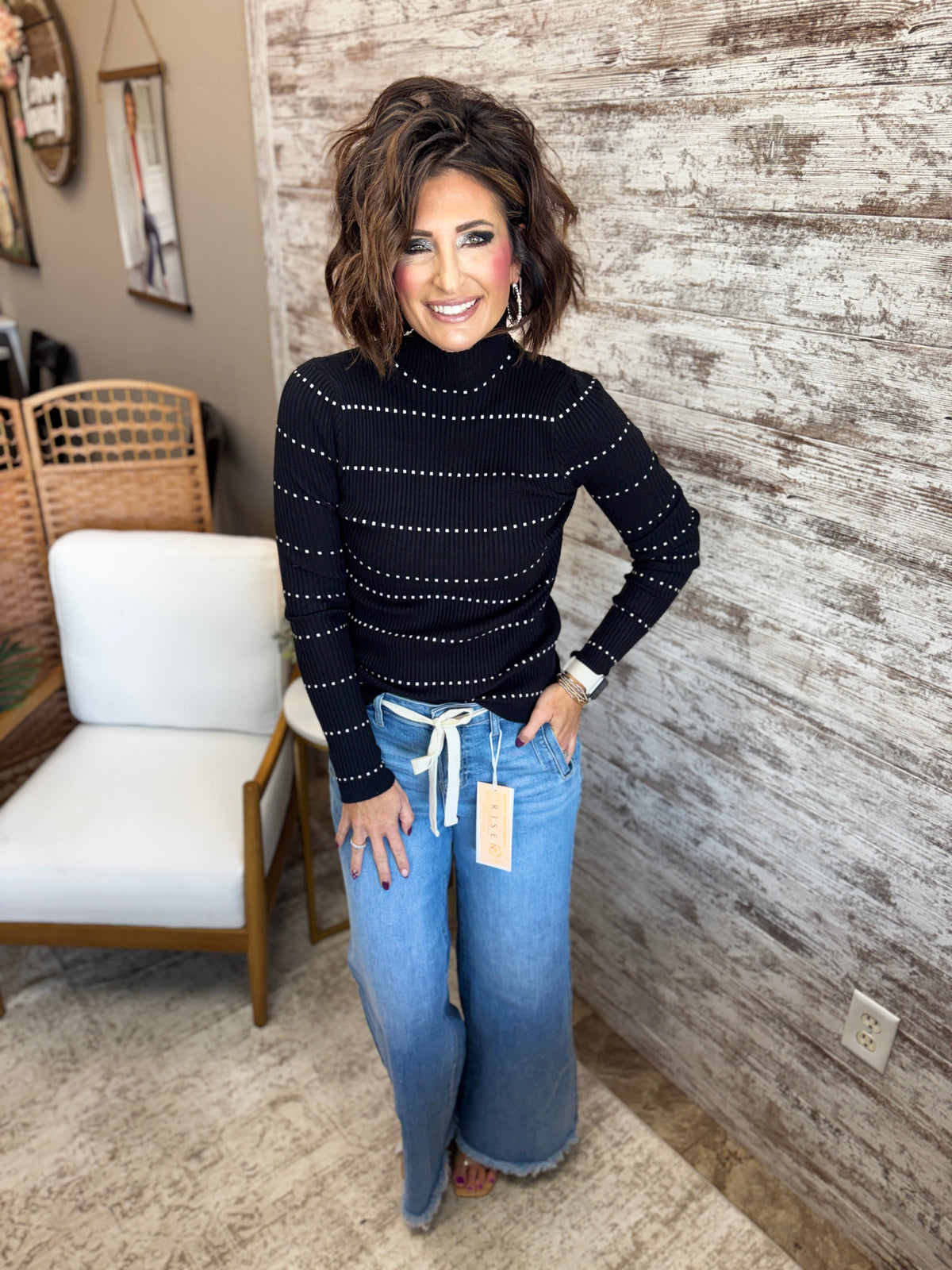 Black Striped Mock Neck Ribbed Sweater