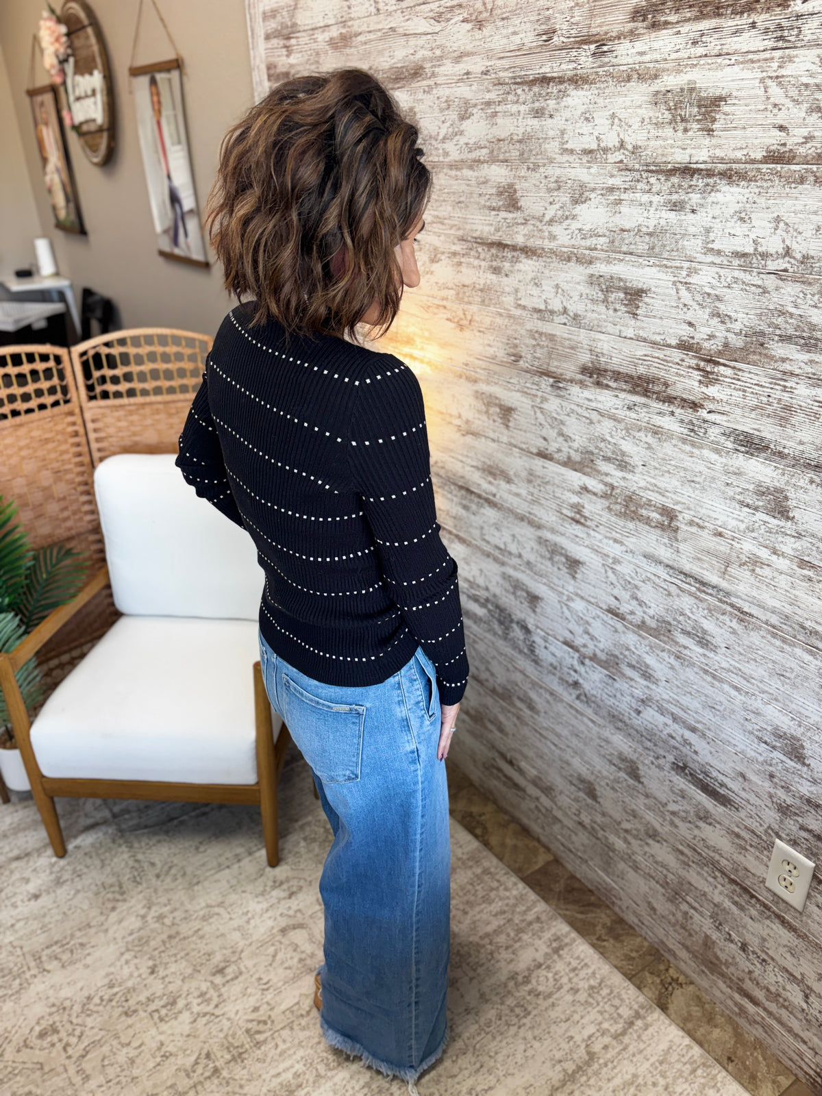 Black Striped Mock Neck Ribbed Sweater
