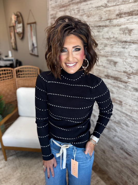 Black Striped Mock Neck Ribbed Sweater