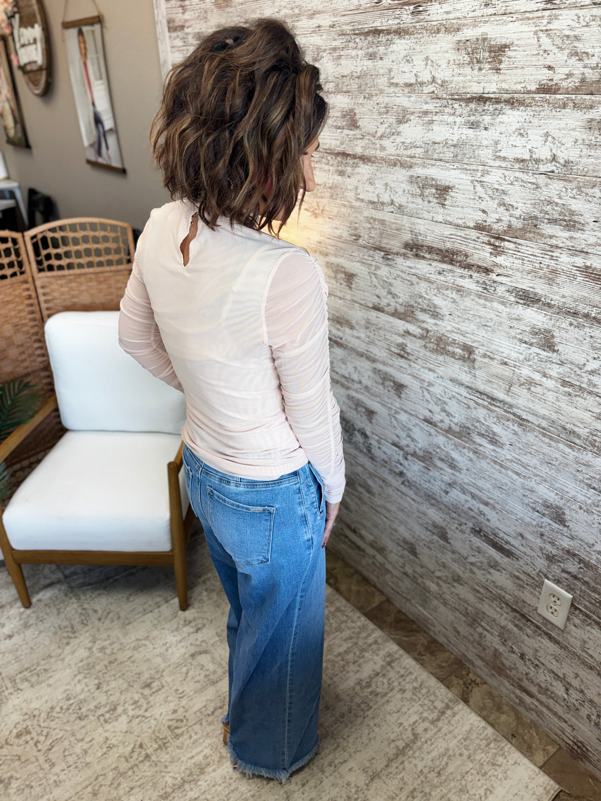 Champagne Semi Sheer Mock Neck Long Sleeve Tee