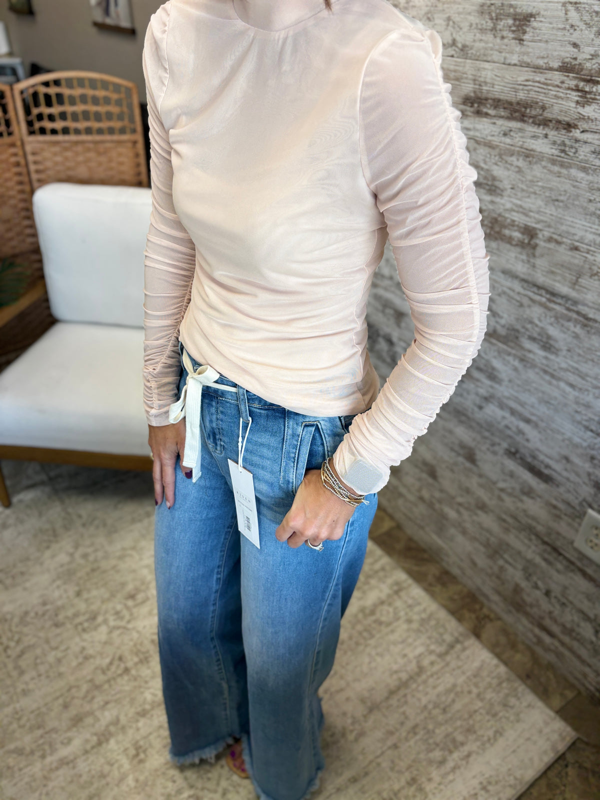 Champagne Semi Sheer Mock Neck Long Sleeve Tee