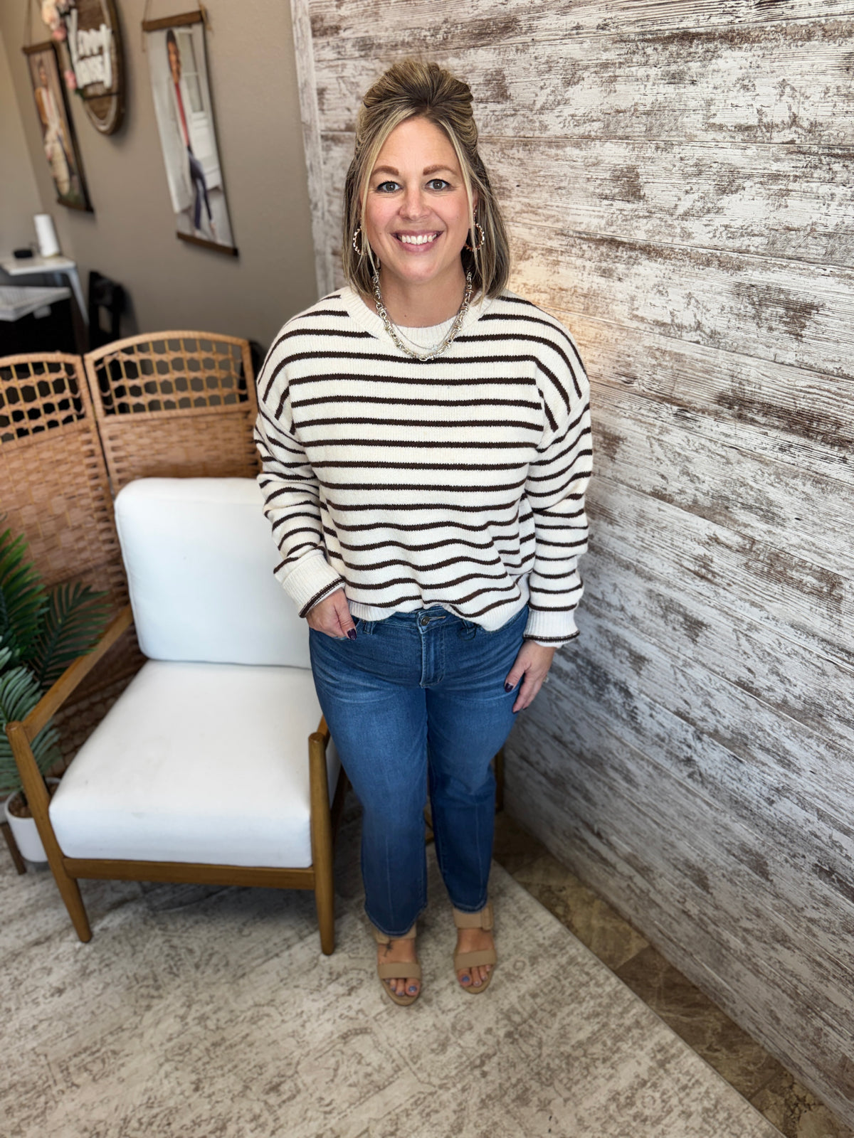 Brown Striped Crewneck Sweater