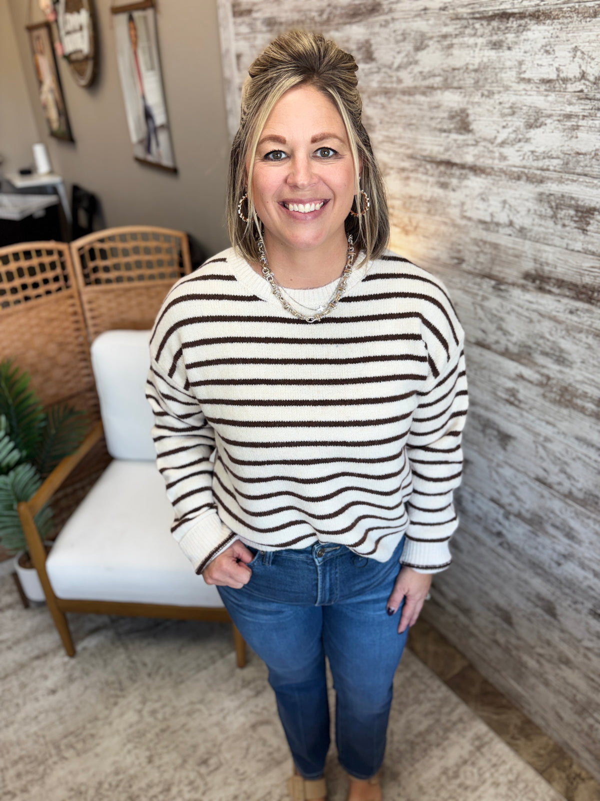 Brown Striped Crewneck Sweater