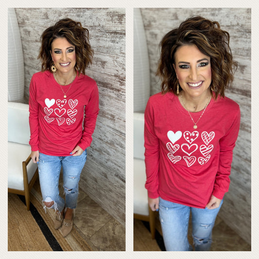 Valentine Multi Heart Heather Red Long Sleeve