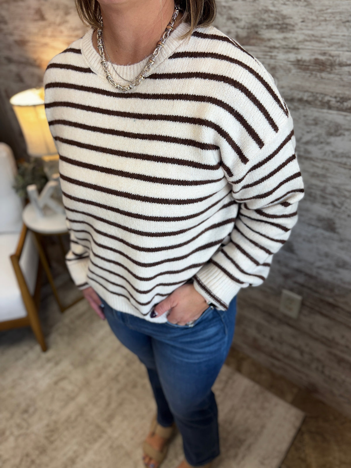 Brown Striped Crewneck Sweater