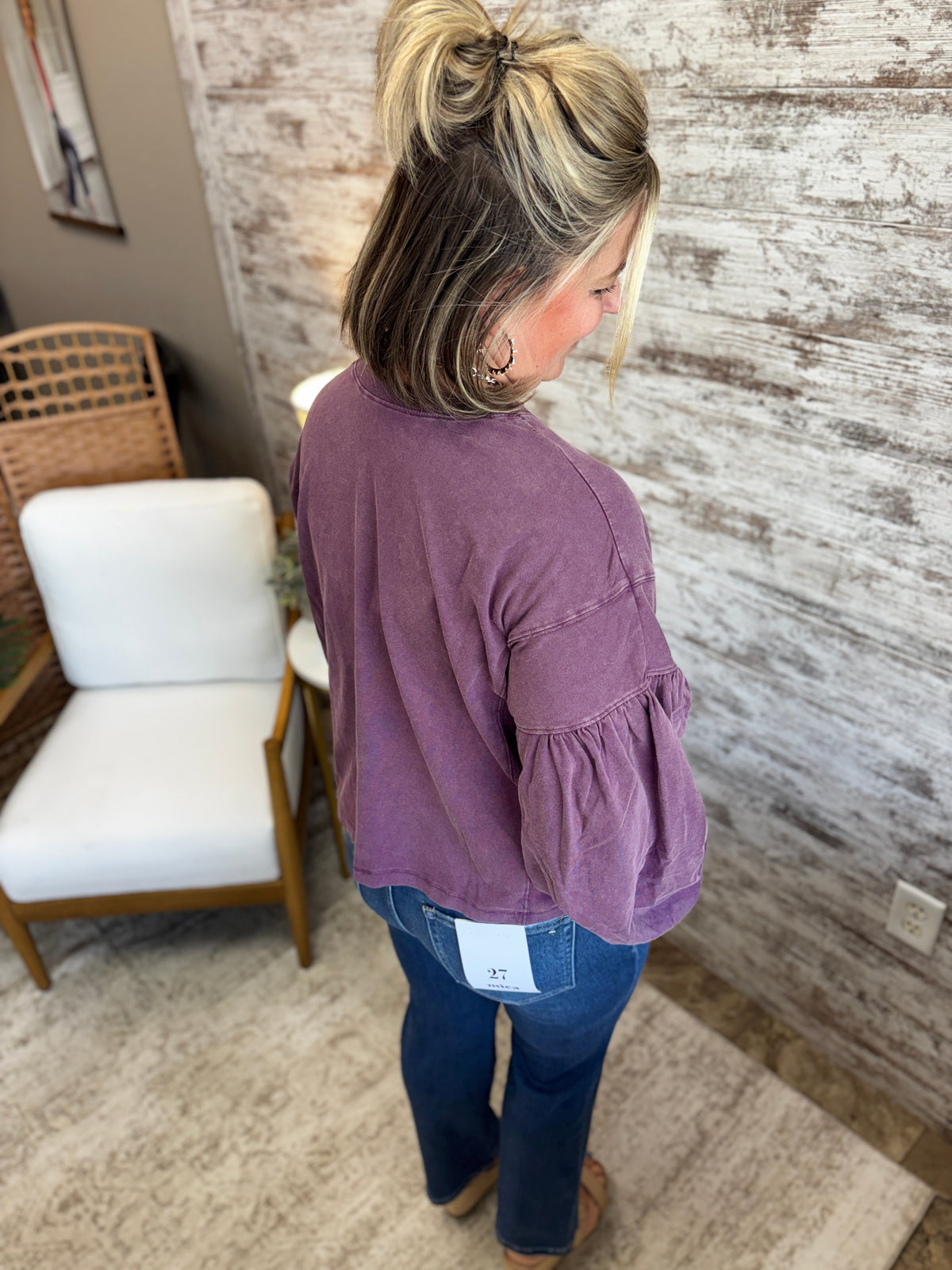 Dark Cherry Relaxed Puff Sleeve Top