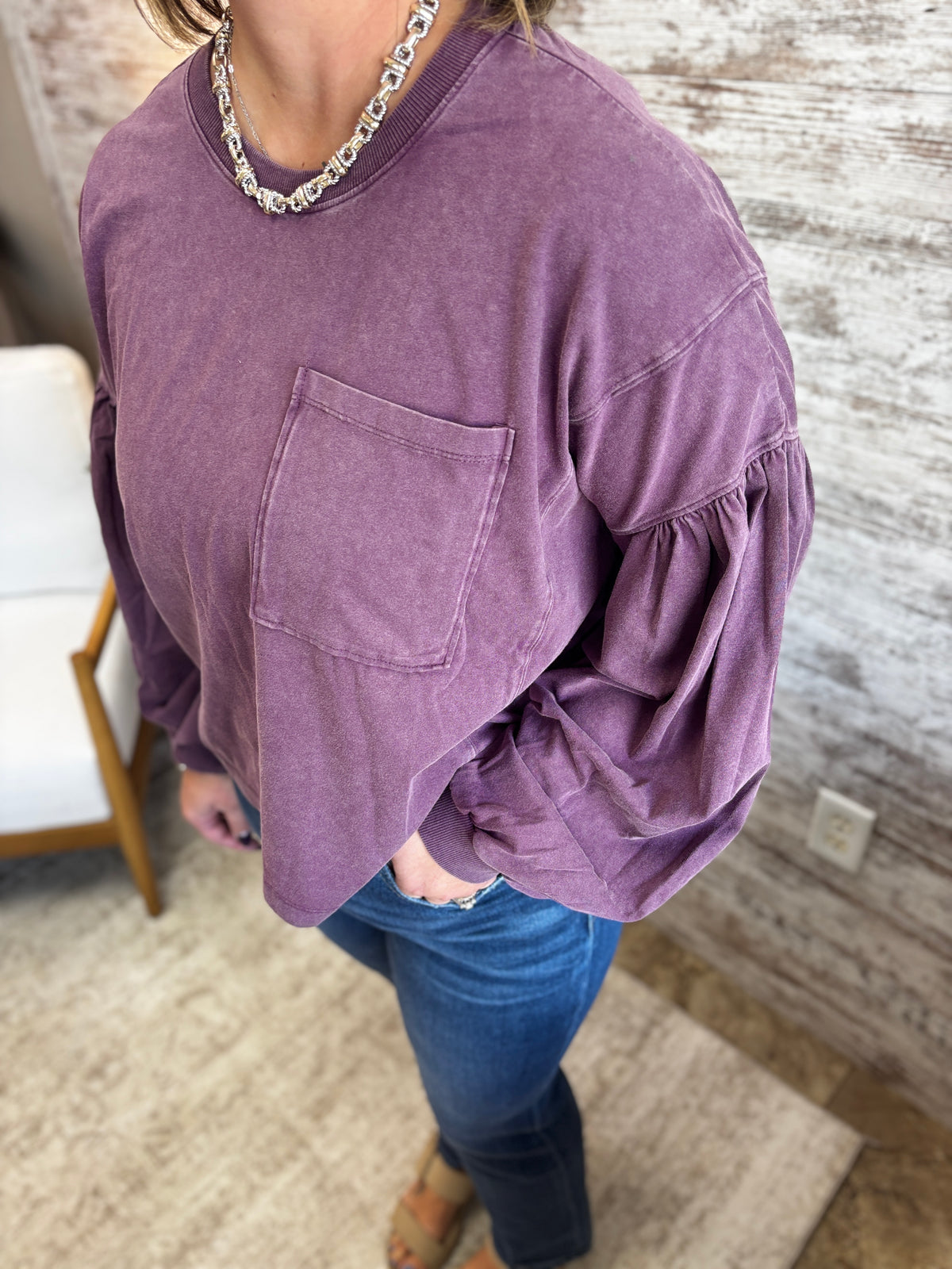 Dark Cherry Relaxed Puff Sleeve Top