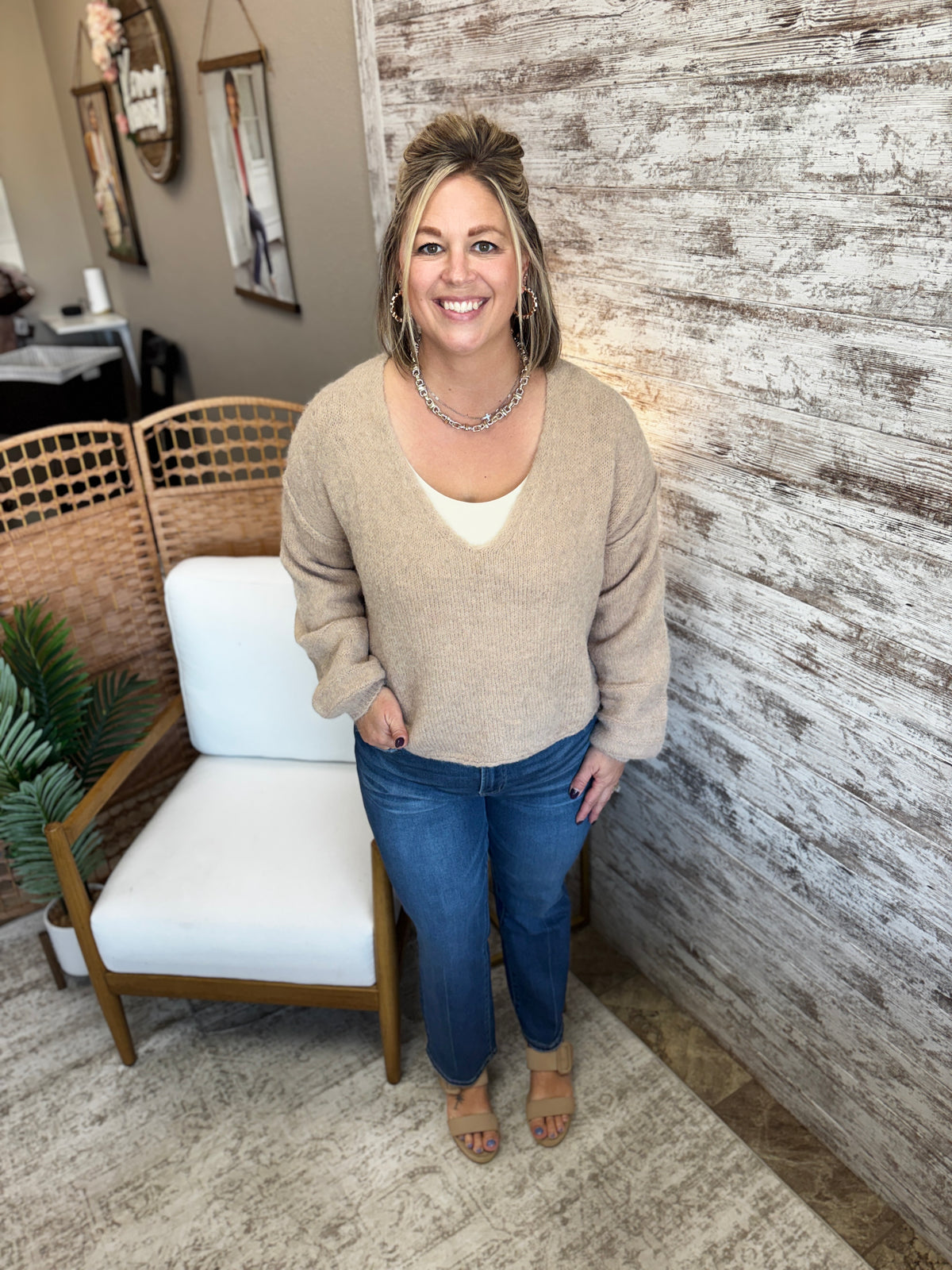 Oat rushed V-Neck Sweater with Rolled Cuffs