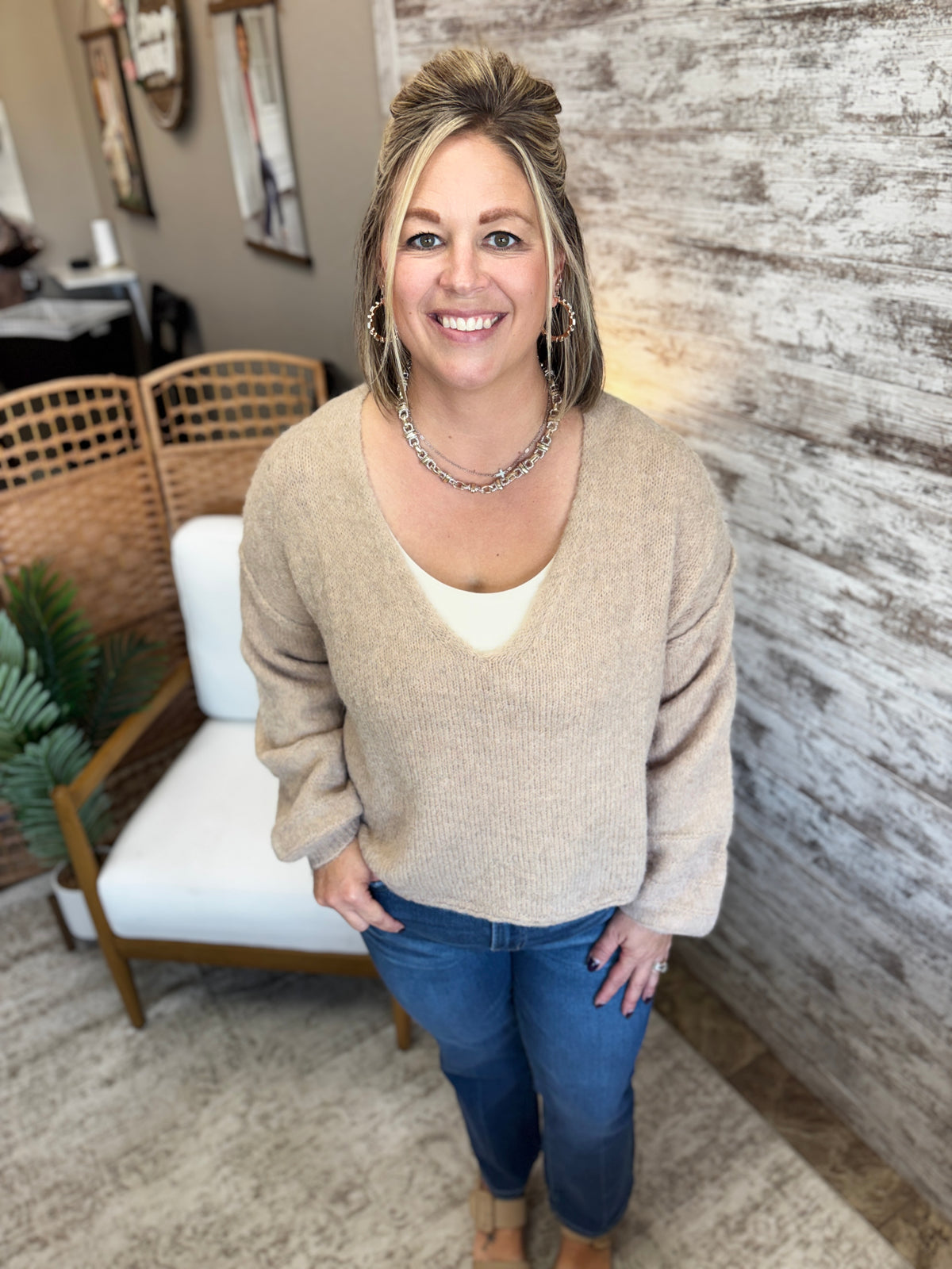 Oat rushed V-Neck Sweater with Rolled Cuffs