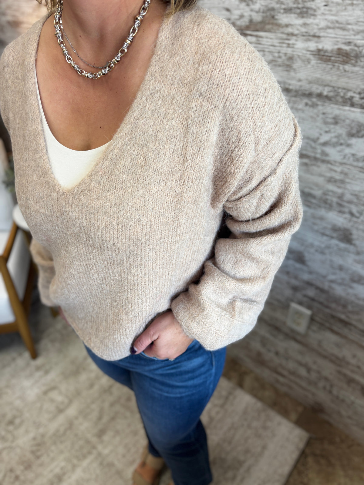 Oat rushed V-Neck Sweater with Rolled Cuffs